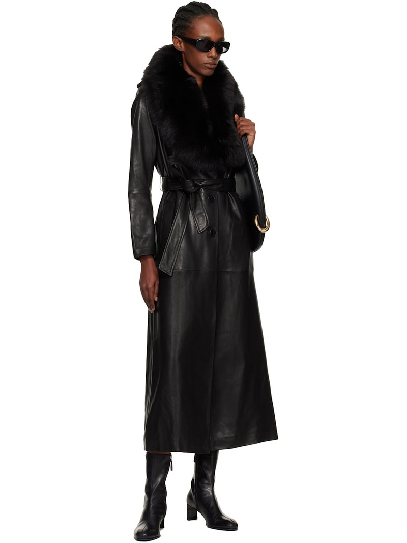 NOUR HAMMOUR Black Dakota Glamorous Leather Coat outlook