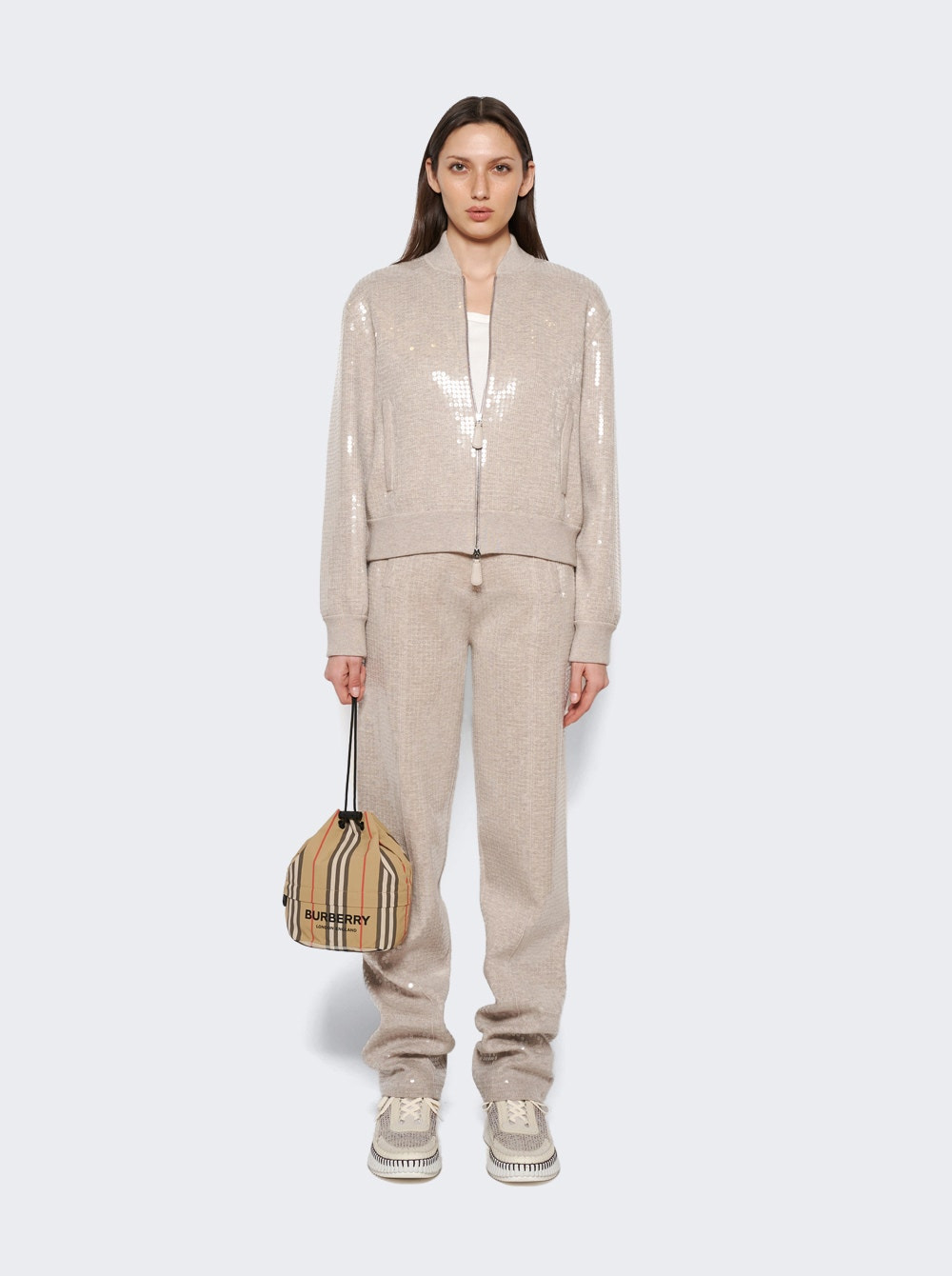 Sequinned Cashmere Cotton Blend Trousers Beige Melange - 2