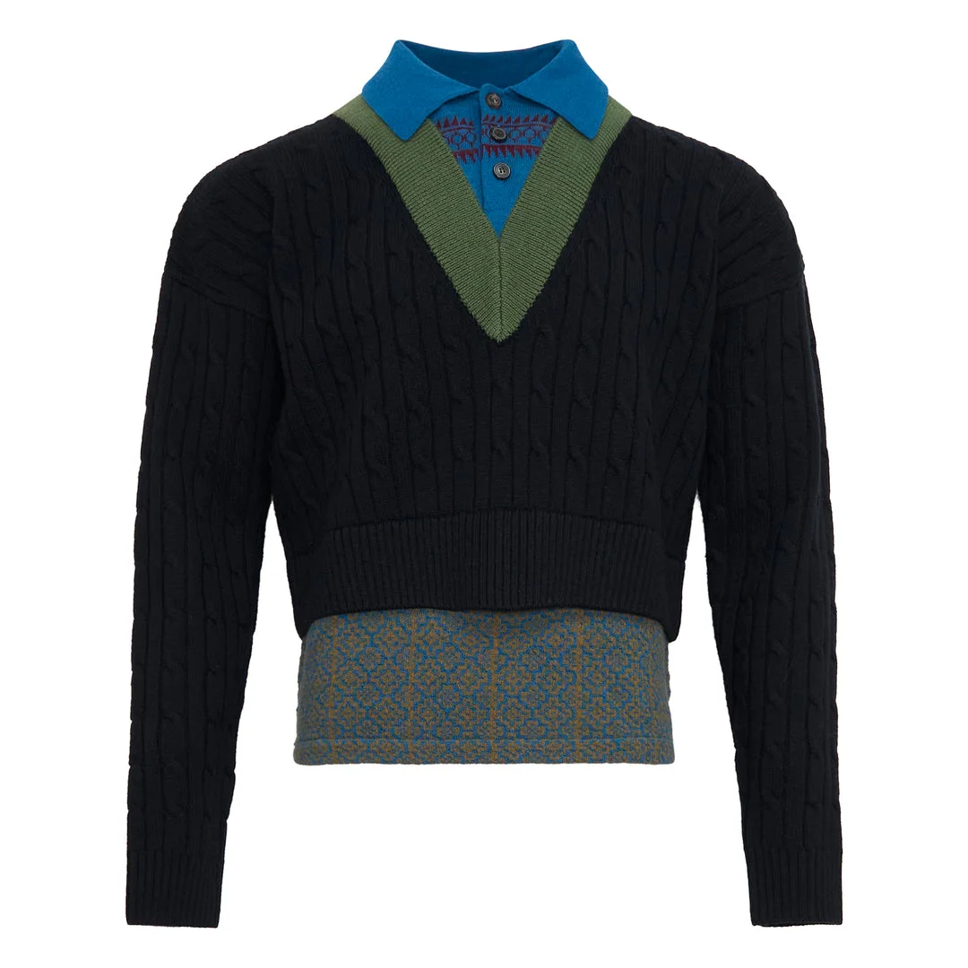Layered V-Neck Cable Sweater - 1