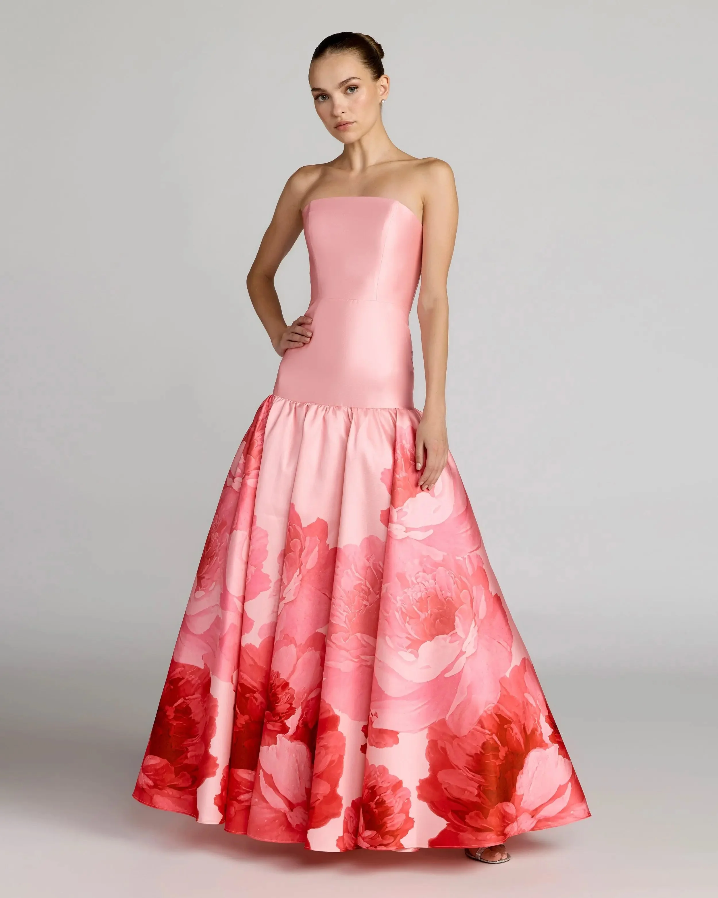 Pink Printed Mikado Strapless Drop Waist Ball Gown - 1
