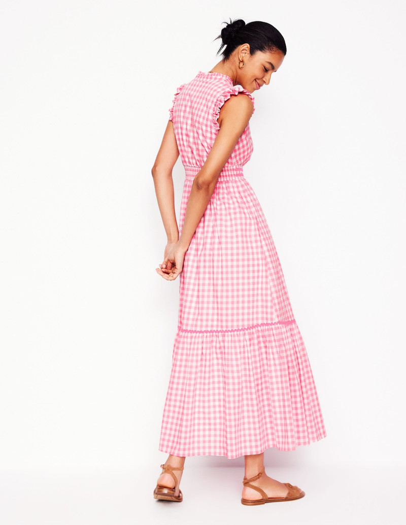 Wren Tiered Midi Dress-Salmon Pink Gingham 4