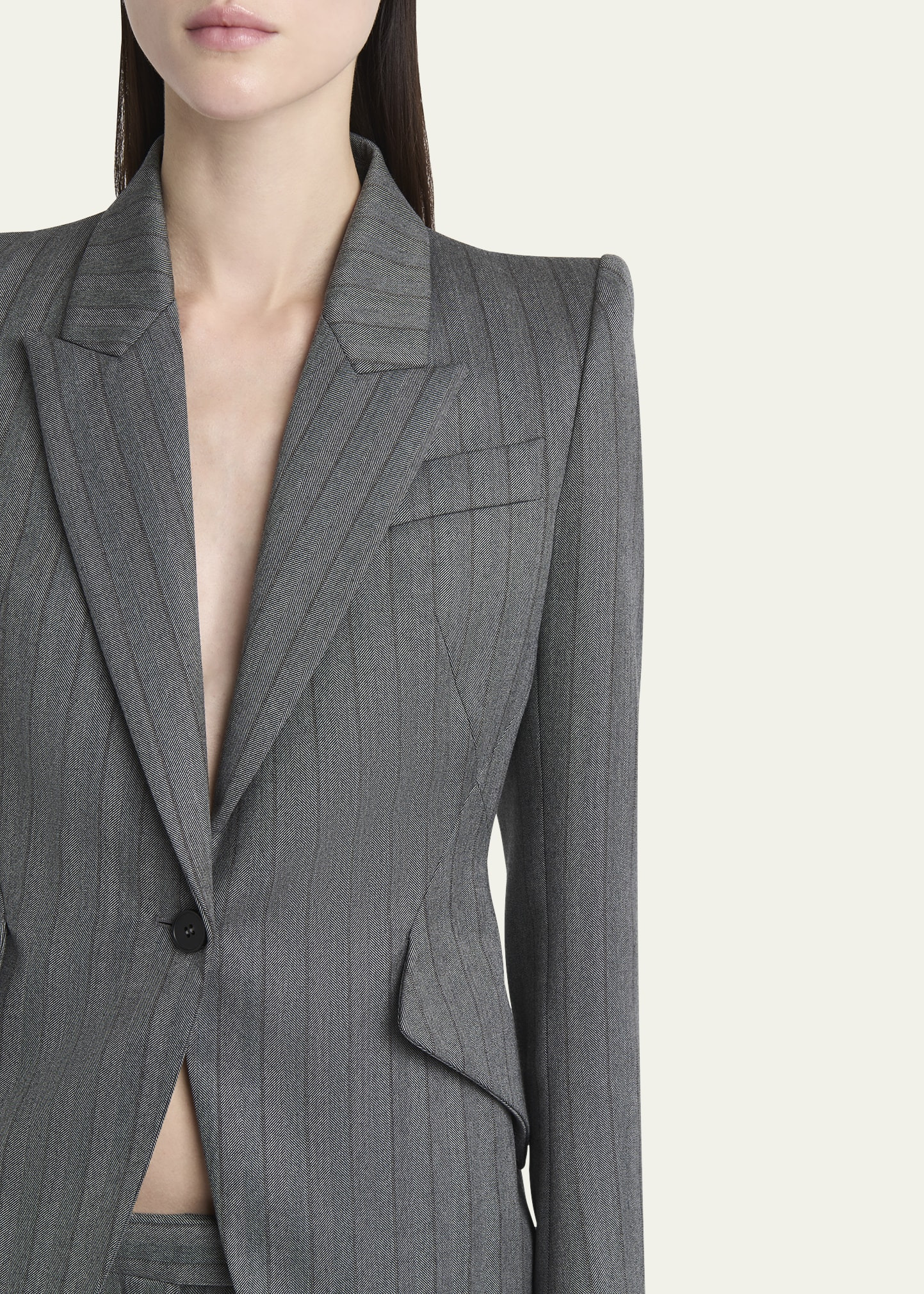 Herringbone Striped Single-Breasted Blazer Jacket - 5