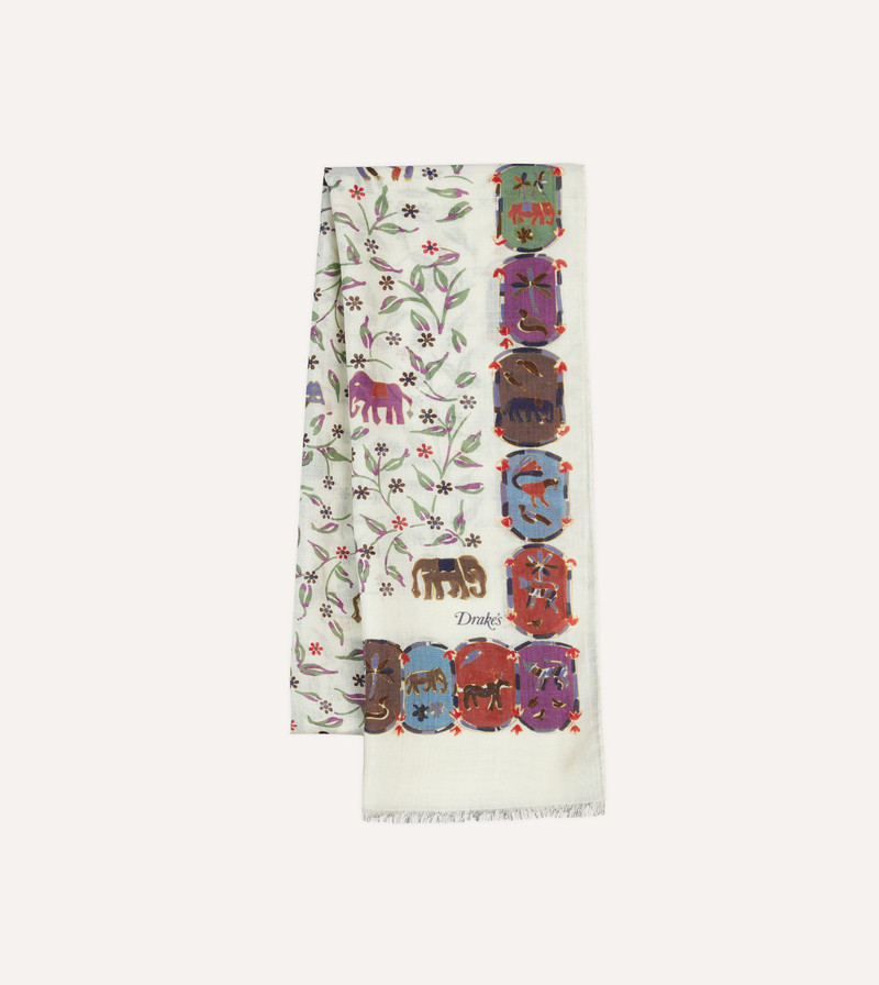 Ecru Elephants and Flowers Print Wool-Silk Scarf 1