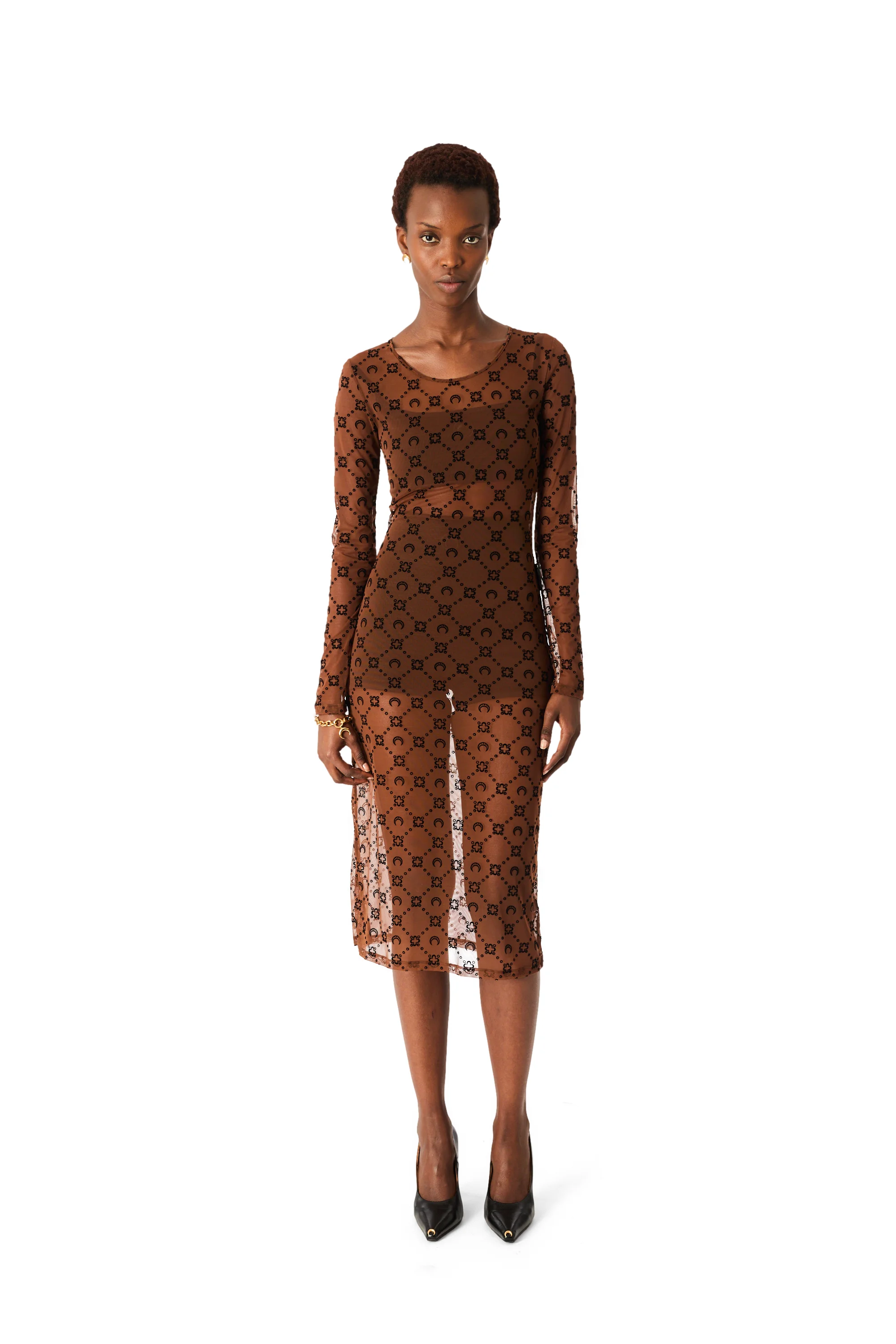 MOONOGRAM MESH FLOCK LONG SLEEVES MIDI CREWNECK DRESS - 1