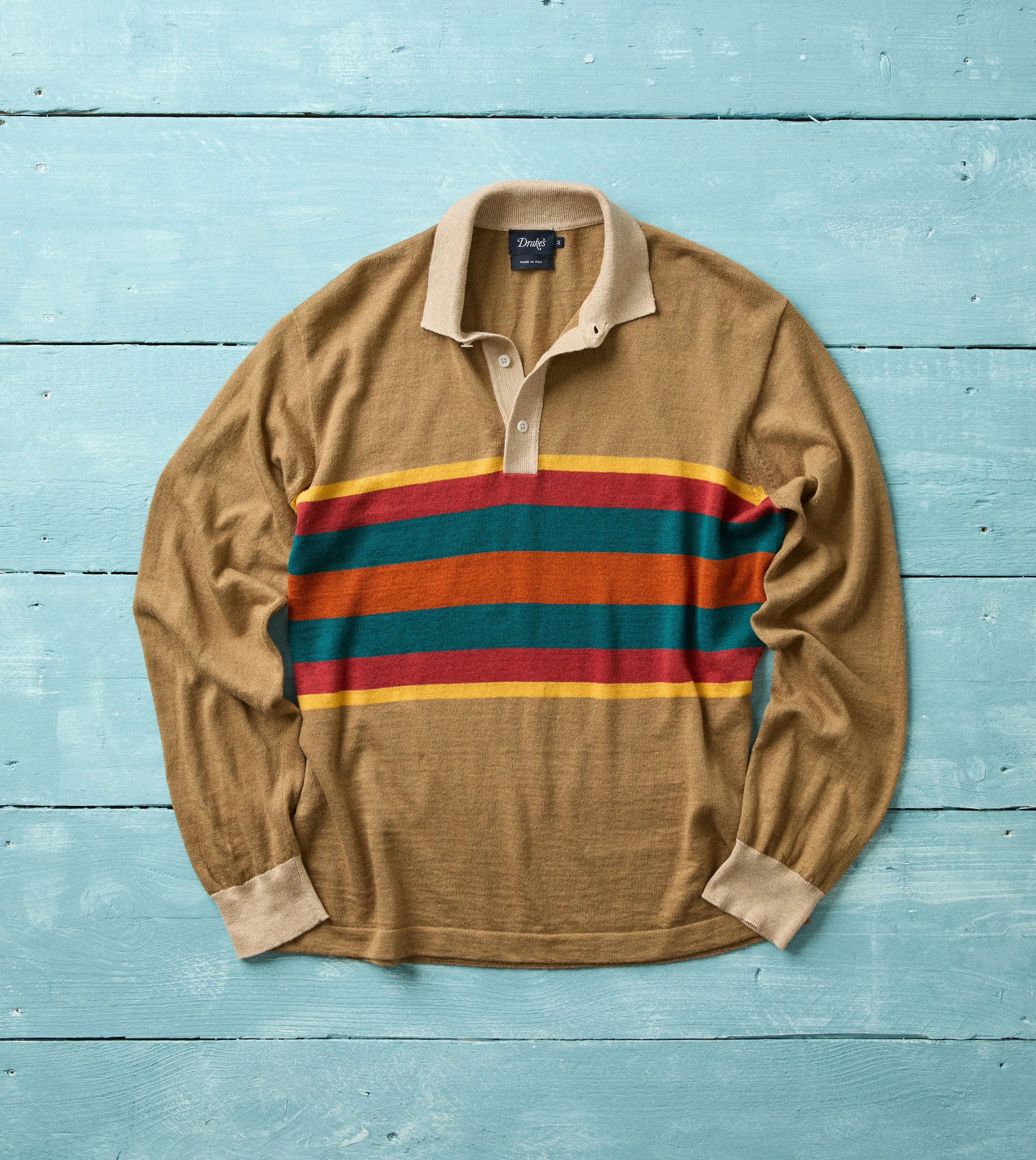 Brown Multi Centre Stripe Linen Cotton Knitted Rugby Shirt - 1