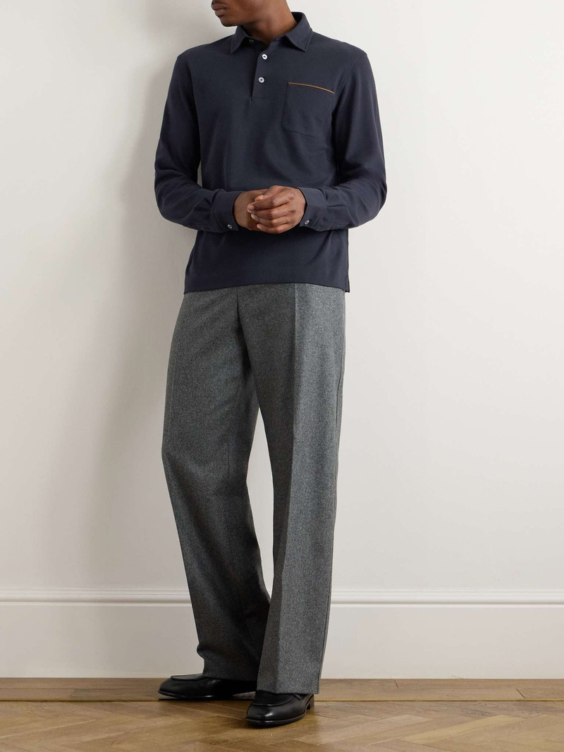 ZEGNA Slim-Fit Suede-Trimmed Cotton-Piqué Polo Shirt outlook