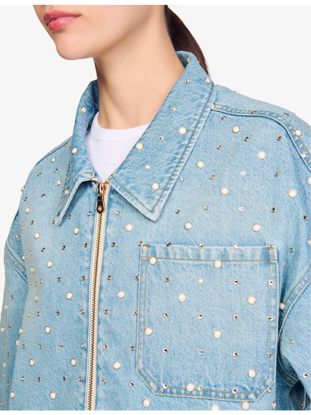 Rhinestone-Embellished Puff-Sleeve Denim Jacket - 5