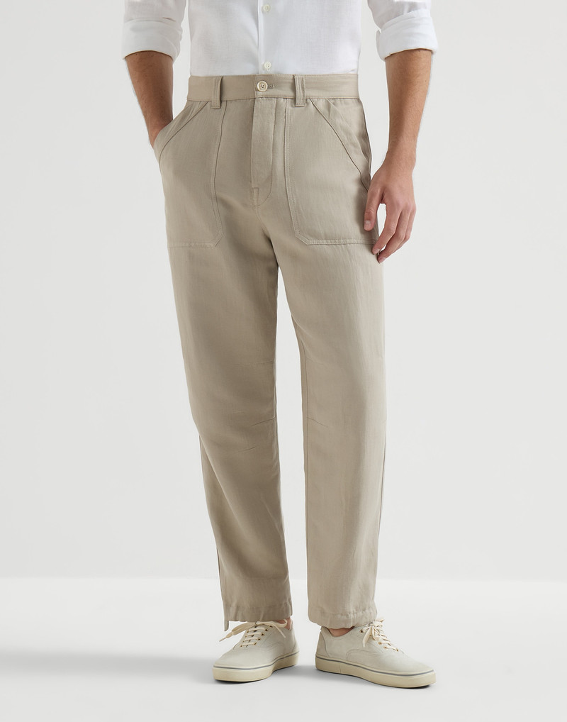 Linen and cotton drill trousers with patch pockets and drawstring 2