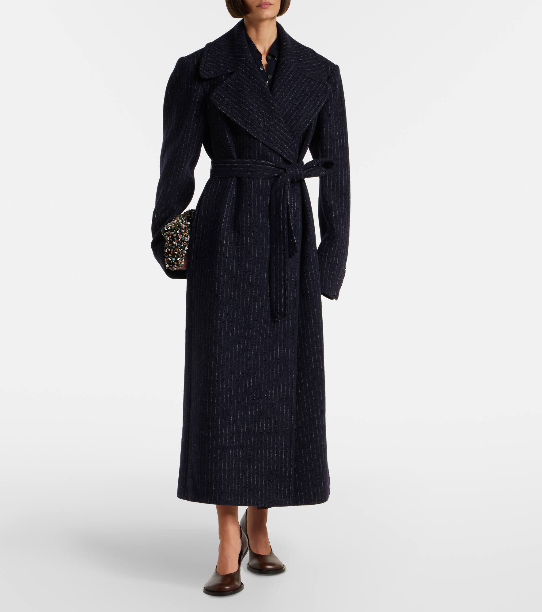 Belted pinstriped wool coat - 7