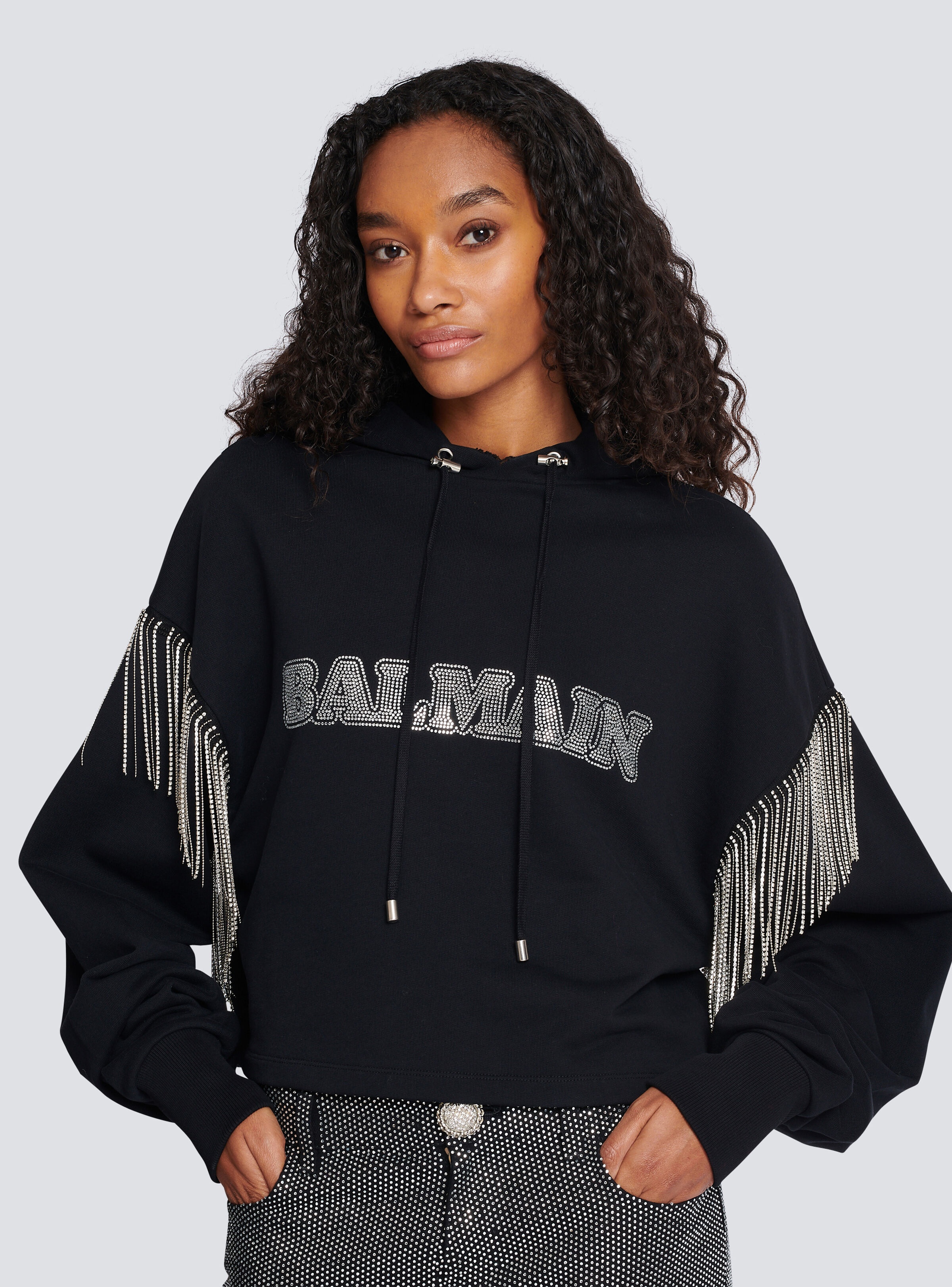 Cropped sweatshirt with fringing and rhinestones - 7