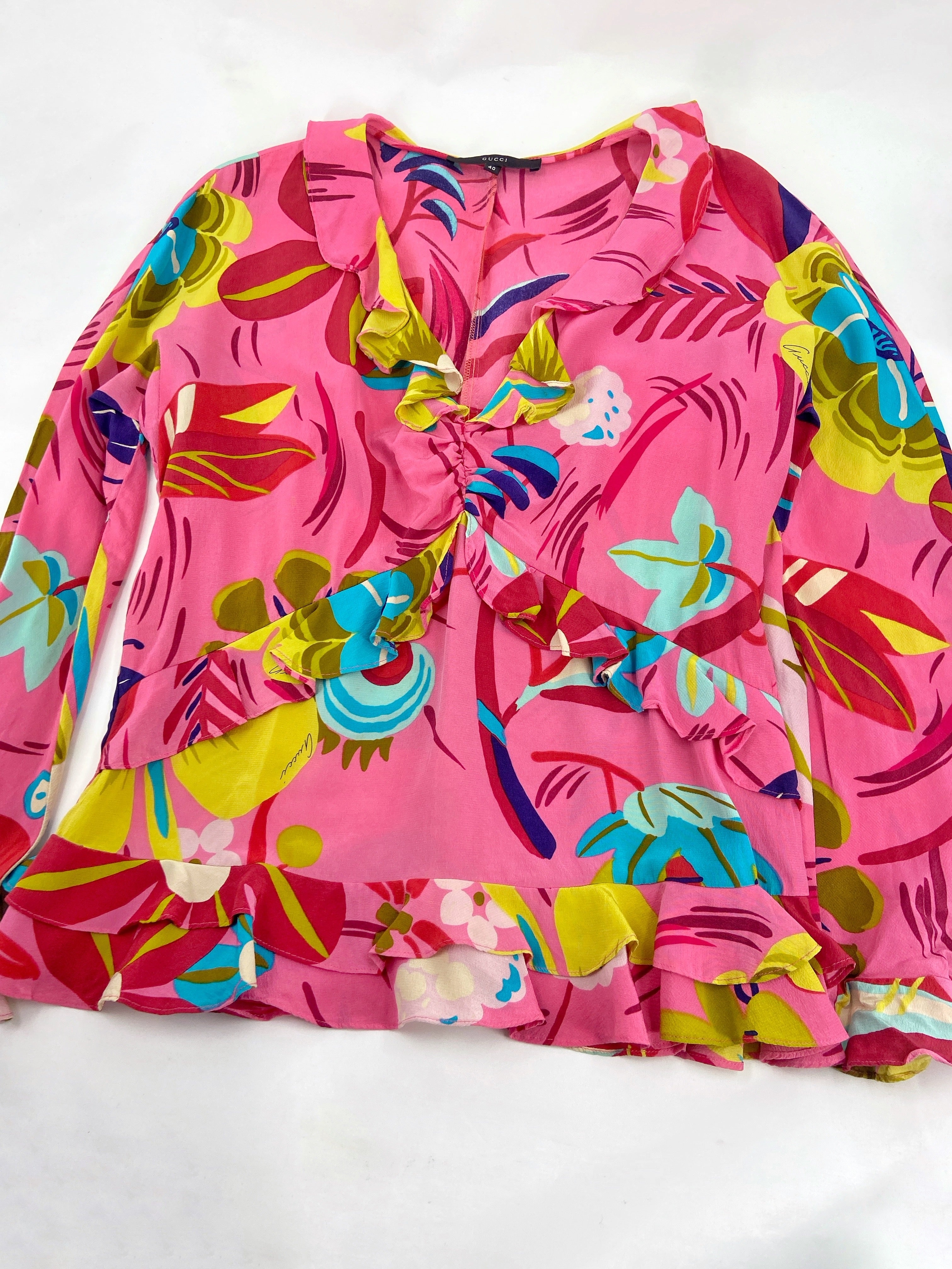 Gucci Spring 1999 Tom Ford Iconic Runway Pink Floral Silk Ruffle Blouse Top 40 - 6