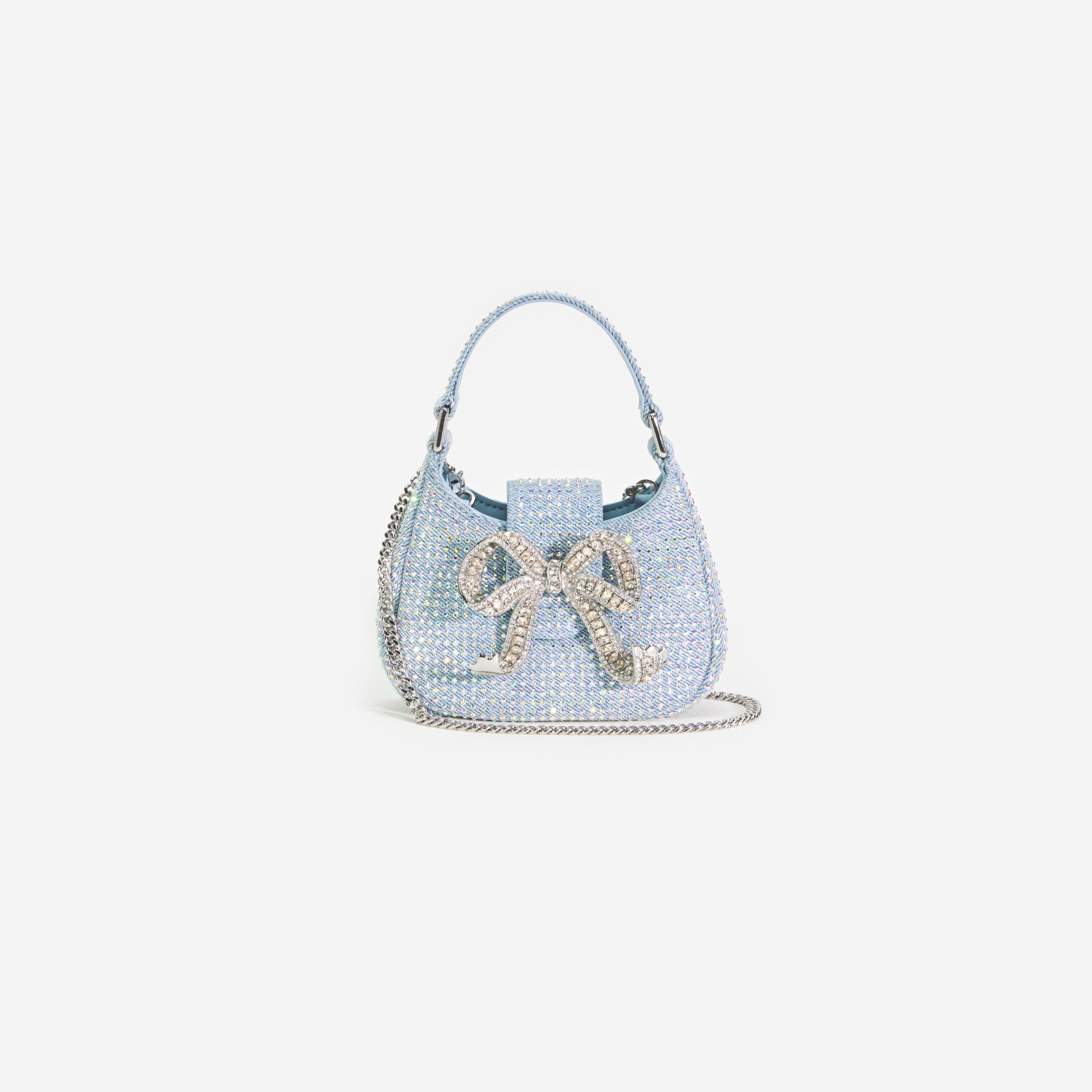 Blue Rhinestone Denim Cresent Bag - 4