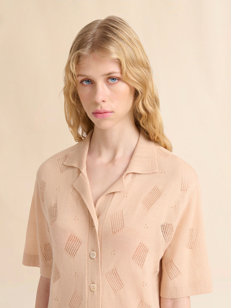 PALE PEACH WOOL-SILK KNIT OPENWORK SHIRT 4