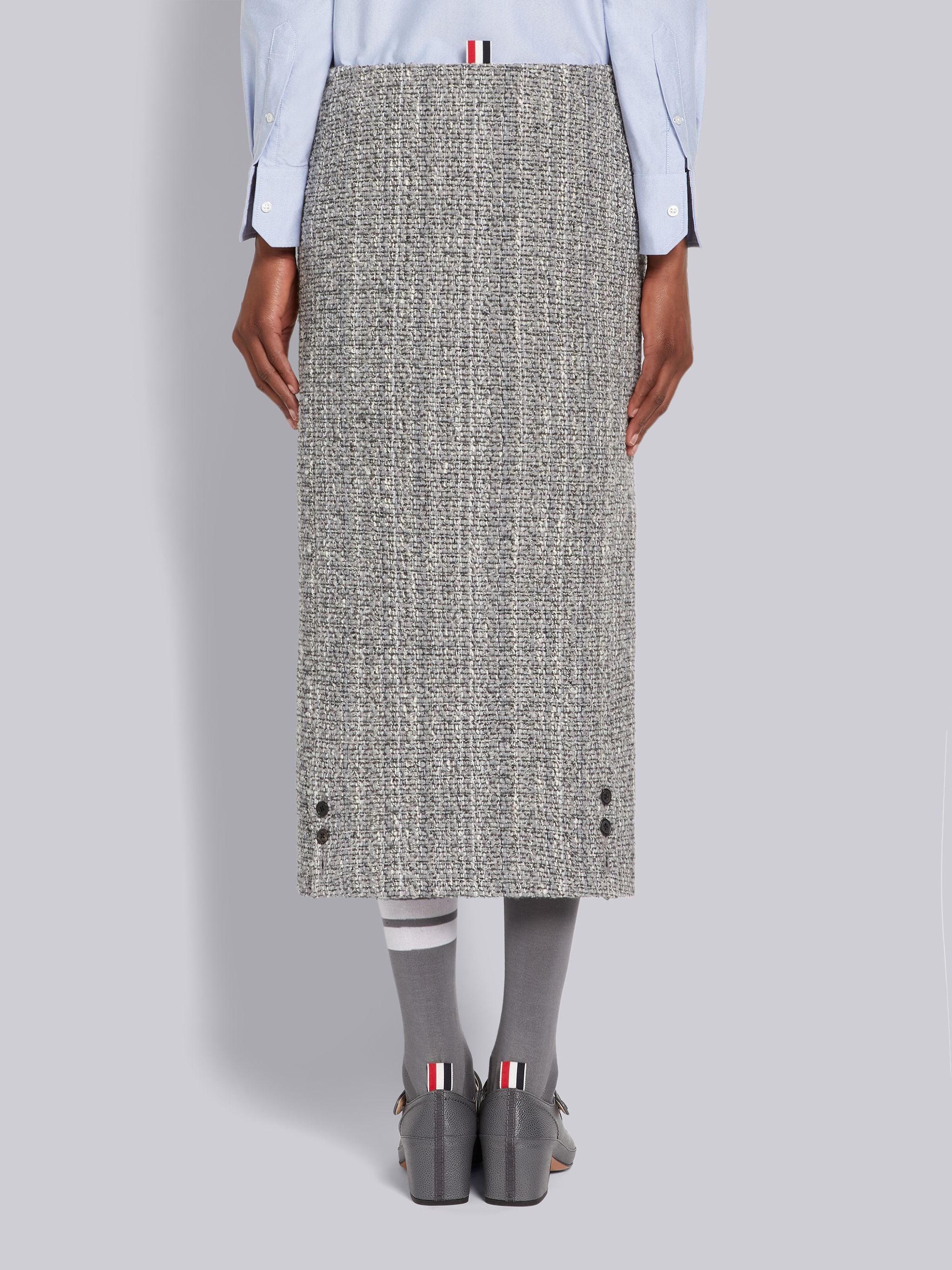 Medium Grey Melange Look Solid Tweed Grosgrain Button Front Ankle Length Cardigan Skirt - 3