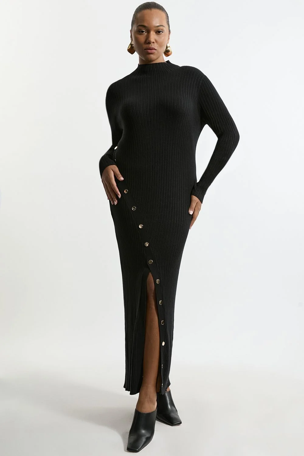 Plus Size Viscose Blend Popper Detail Split Knit Midi Dress - 1