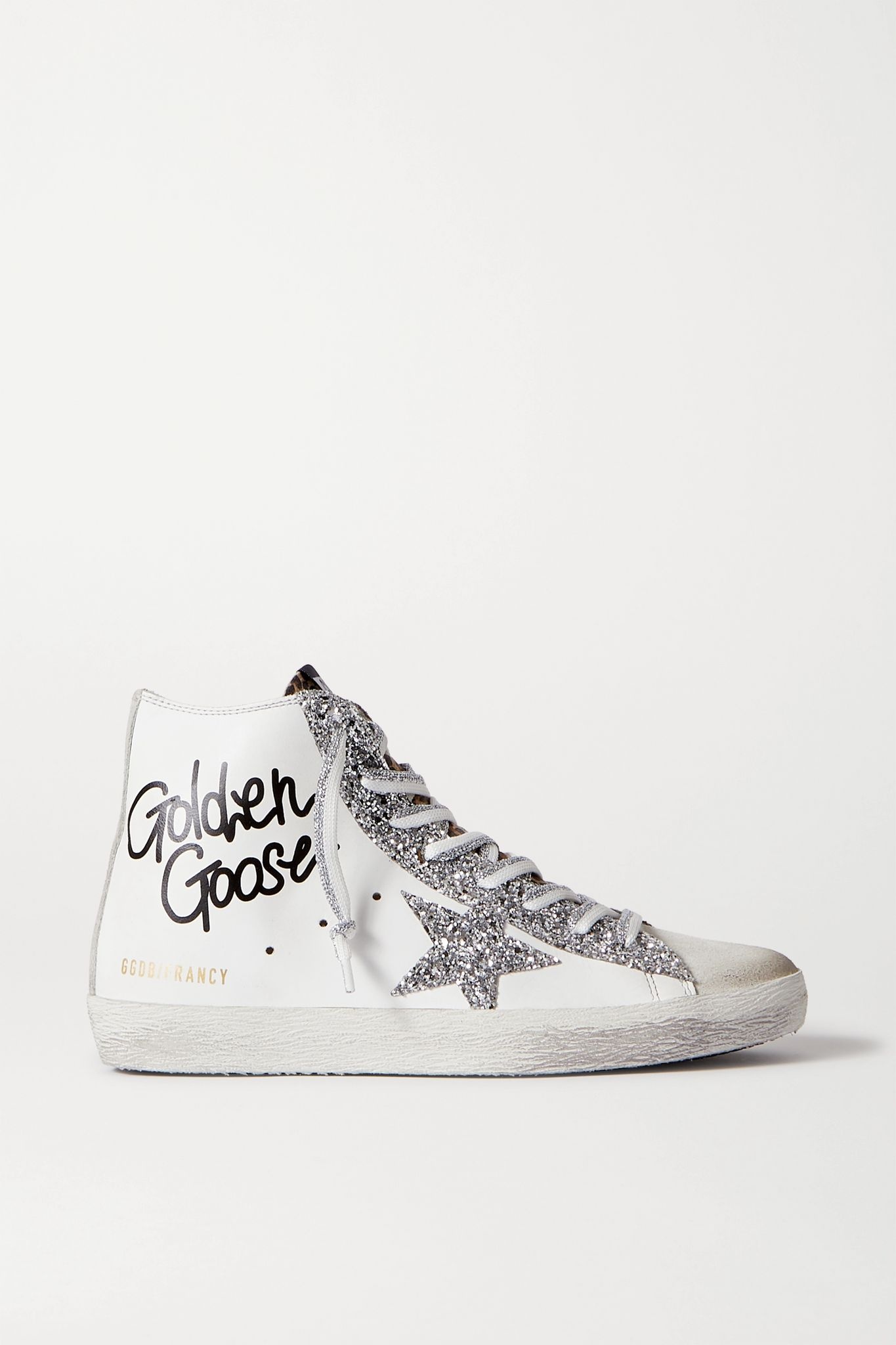 Francy glittered distressed leather and suede high-top sneakers - 1