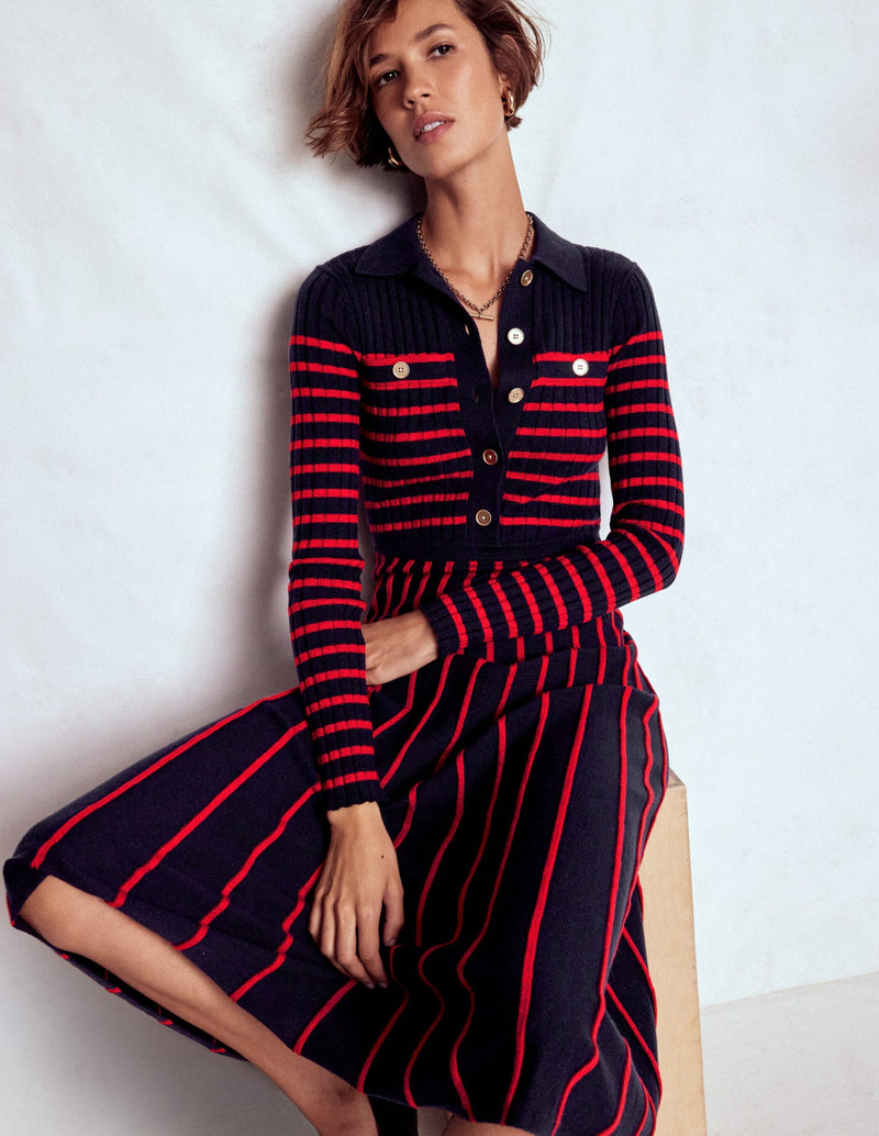 Brönte Knitted Rib Shirt Dress-Navy and Red Stripe 3