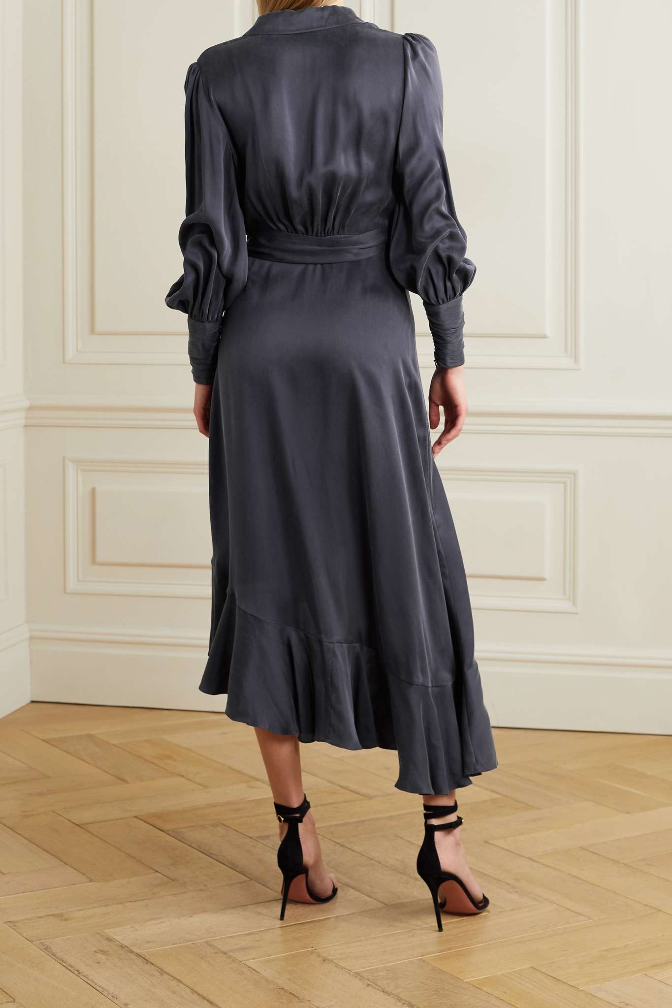 Asymmetric ruffled silk-satin wrap dress - 3