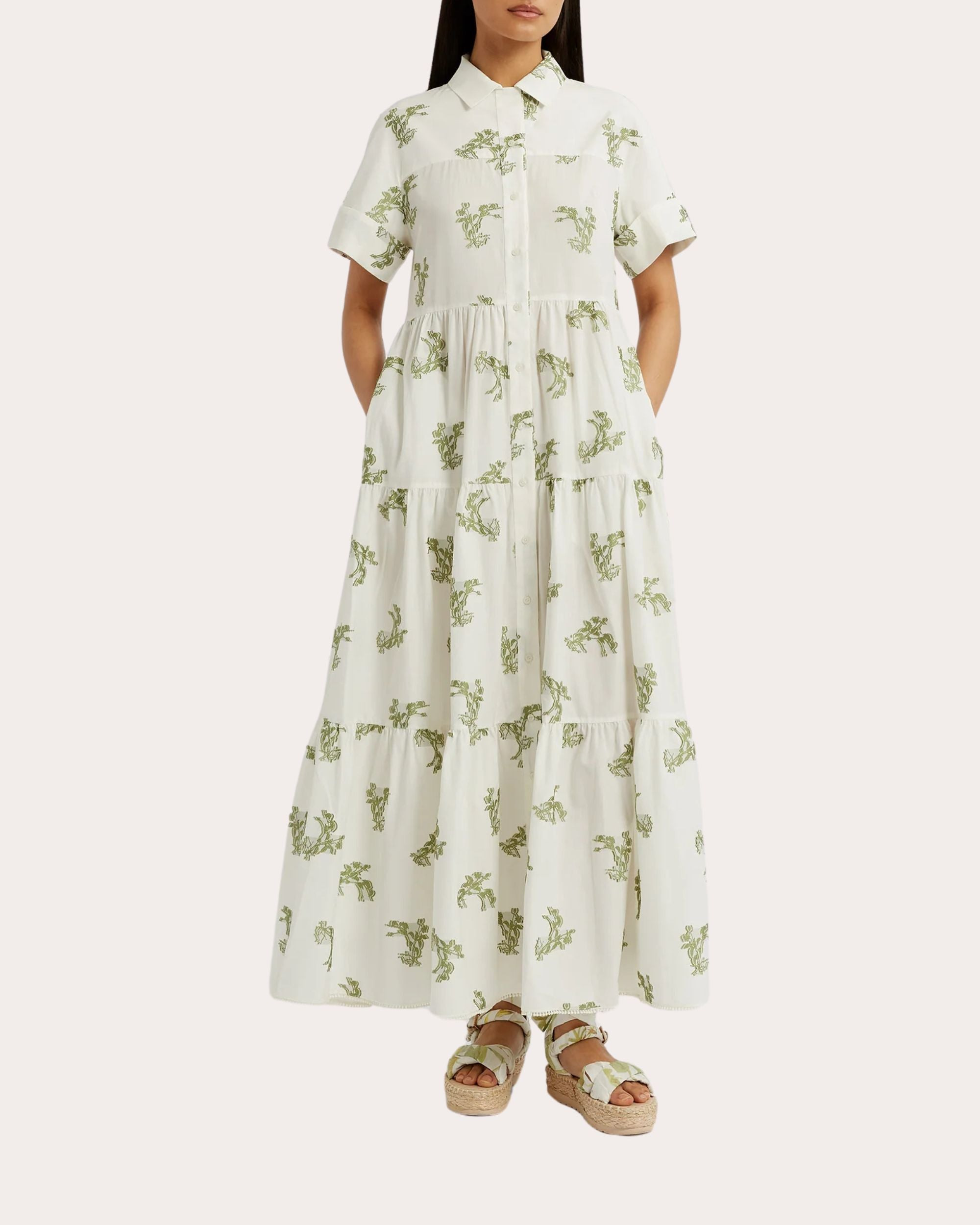 Floral Pattern Cotton Midi Shirt Dress - 2