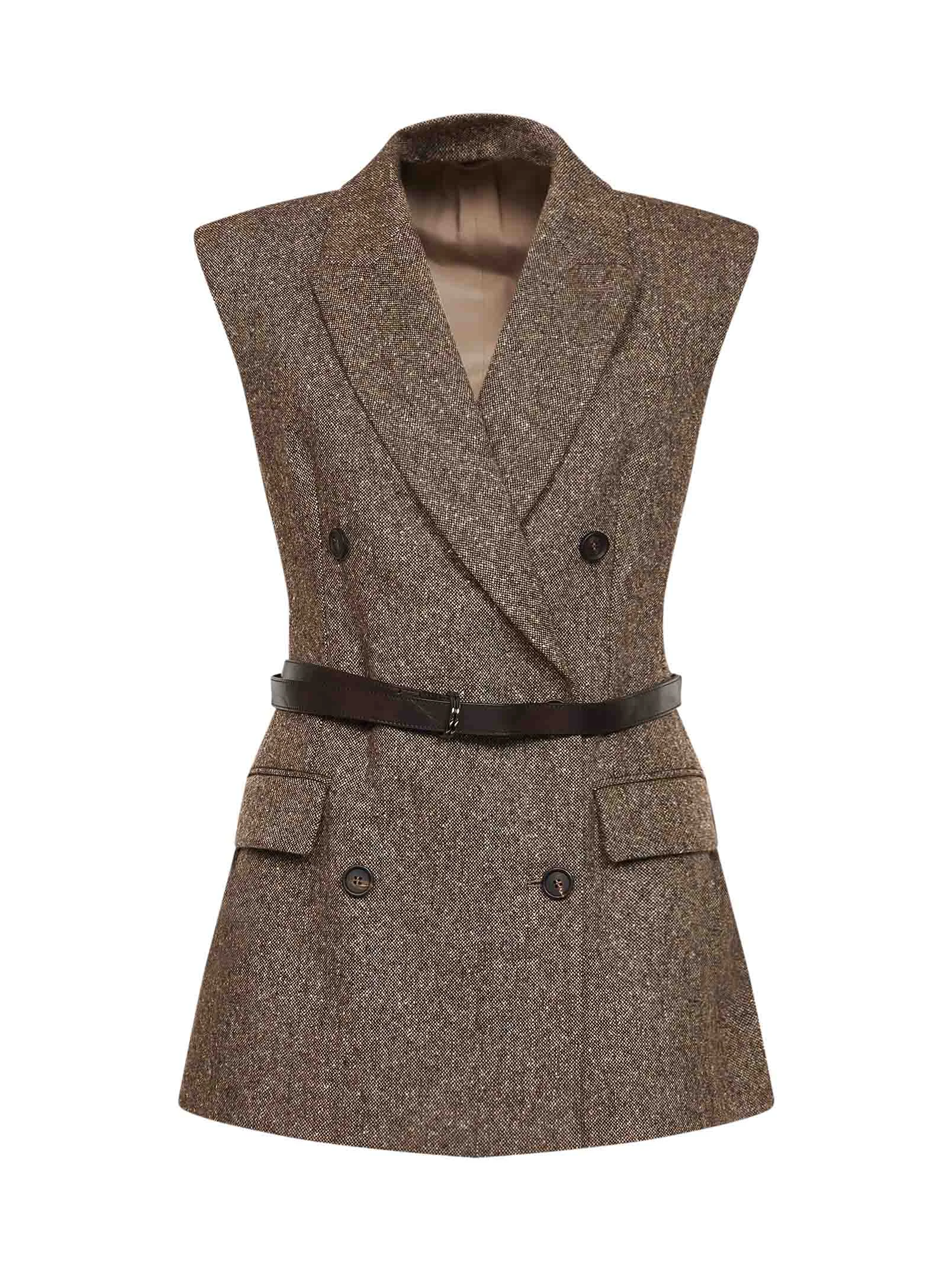 Brown belted wool double-breasted waistcoat - 1