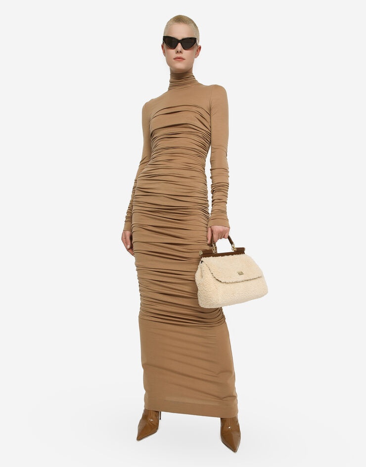 High-necked jersey wool calf-length dress - 5