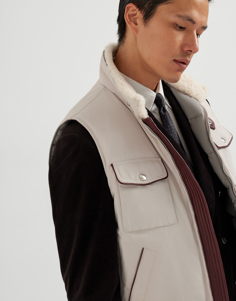 Techno satin down vest with leather details and detachable shearling collar 3