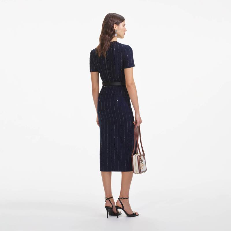 self-portrait Navy Rhinestone Pinstripe Midi Skirt outlook