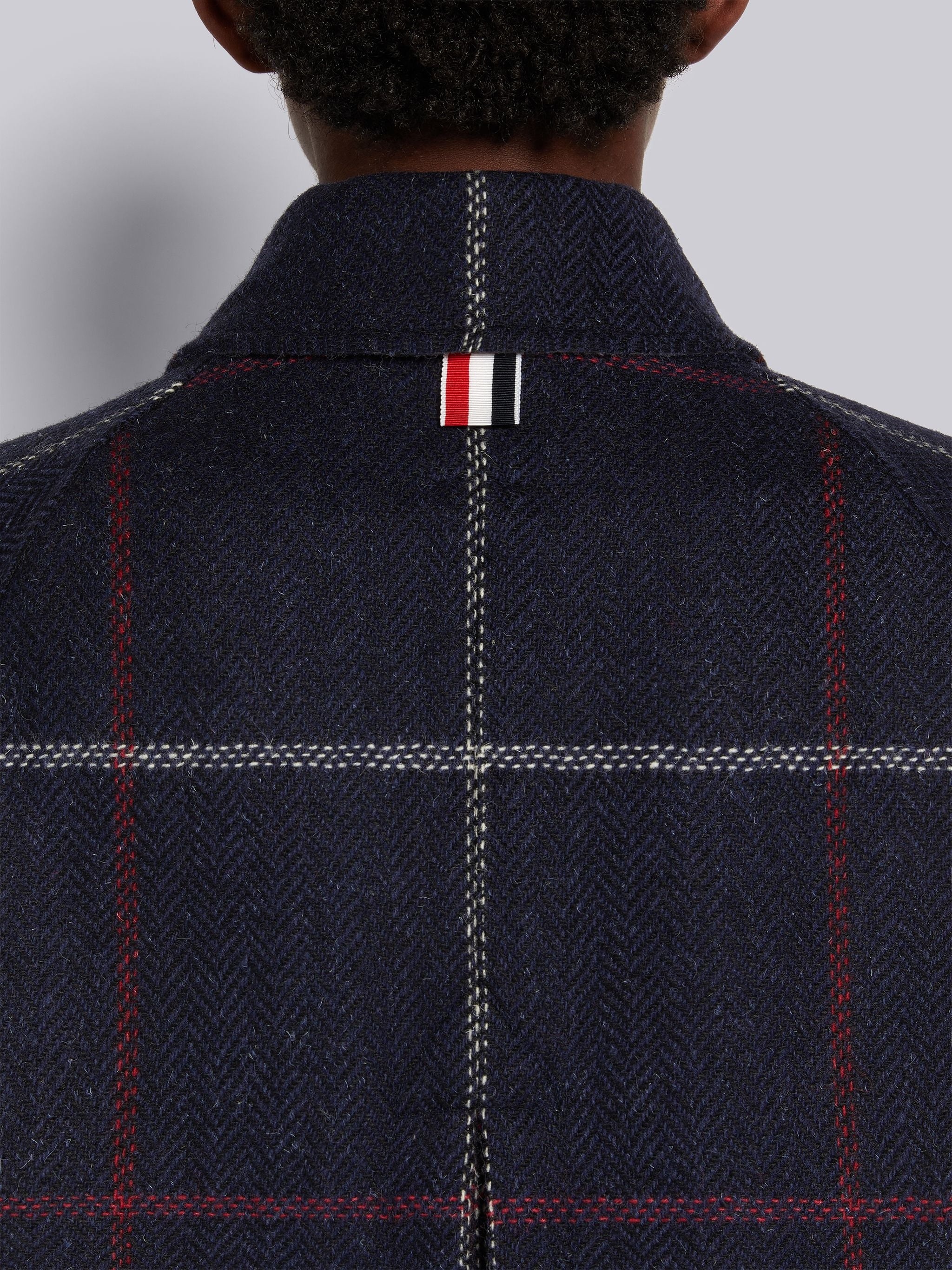 Navy Herringbone Windowpane British Wool Toggle Closure Raglan Sleeve Duffle Overcoat - 5