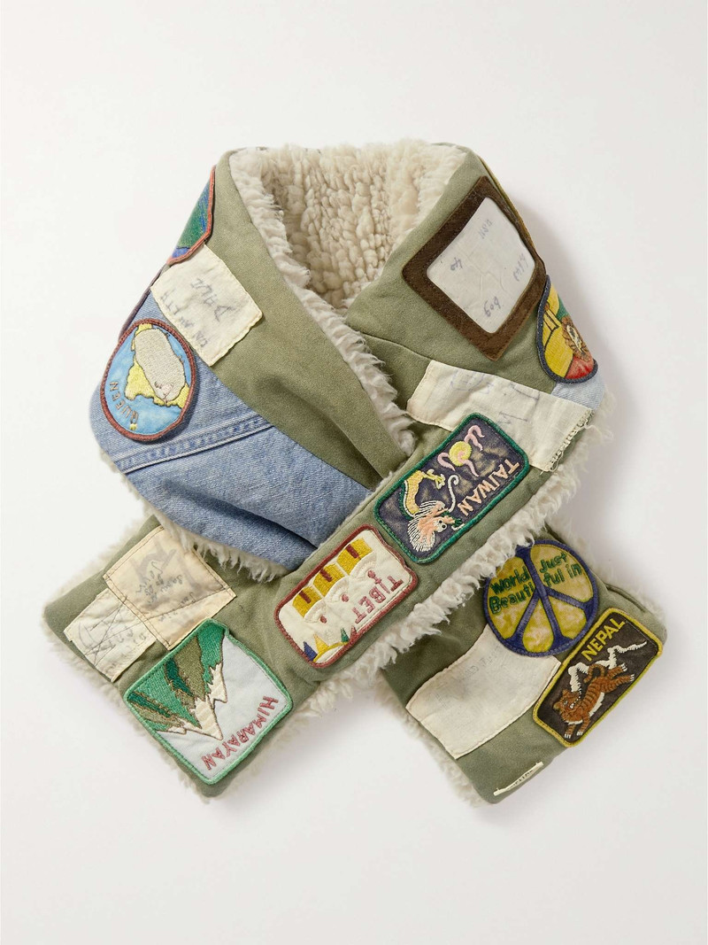 Patchwork Embroidered Fleece-Lined Cotton-Canvas Scarf 1