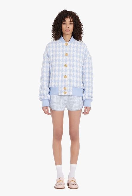 White and pale blue houndstooth-patterned tweed bomber jacket - 4