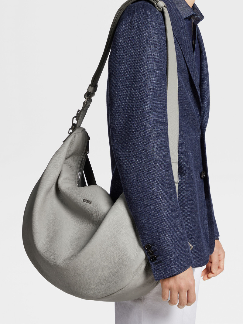 ZEGNA GREY MÉLANGE DEERSKIN PANORAMA HOBO BAG outlook