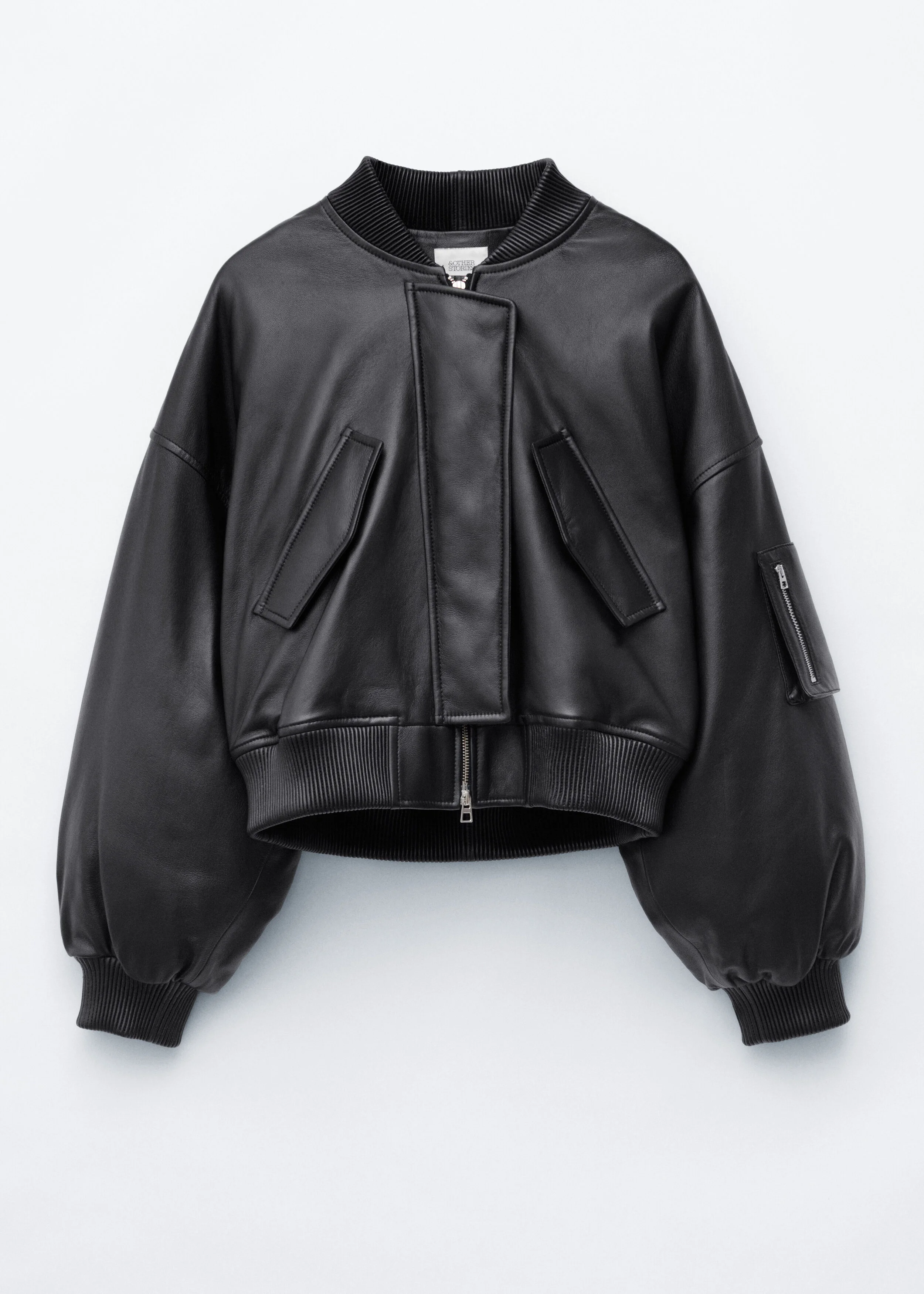 Cropped Leather Bomber Jacket - 1