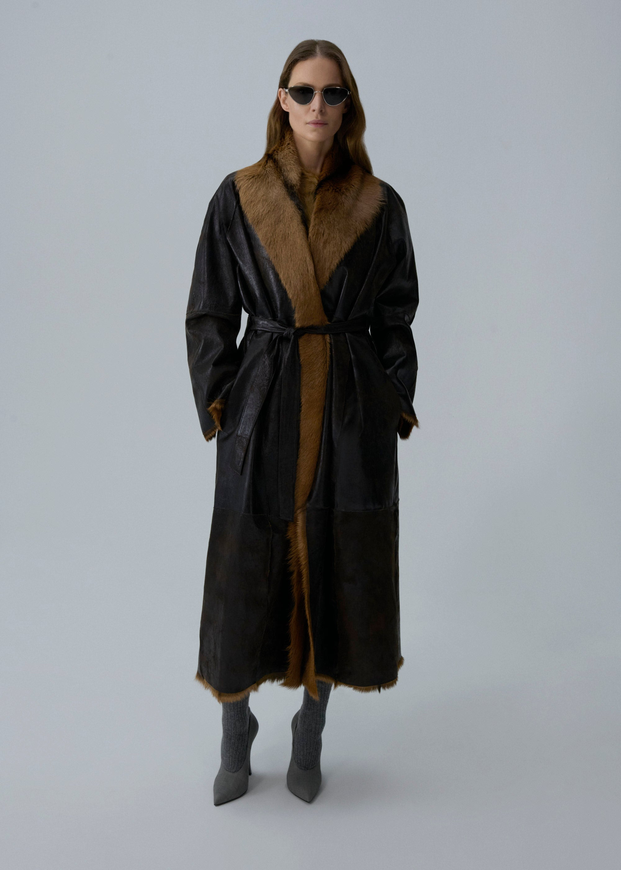Shearling wrap coat in dark brown - 5