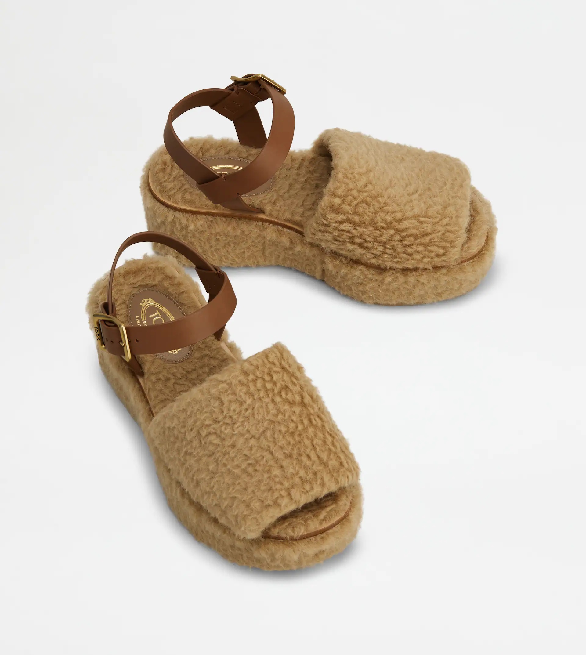 WEDGE SANDALS IN LEATHER AND WOOL - BROWN - 2