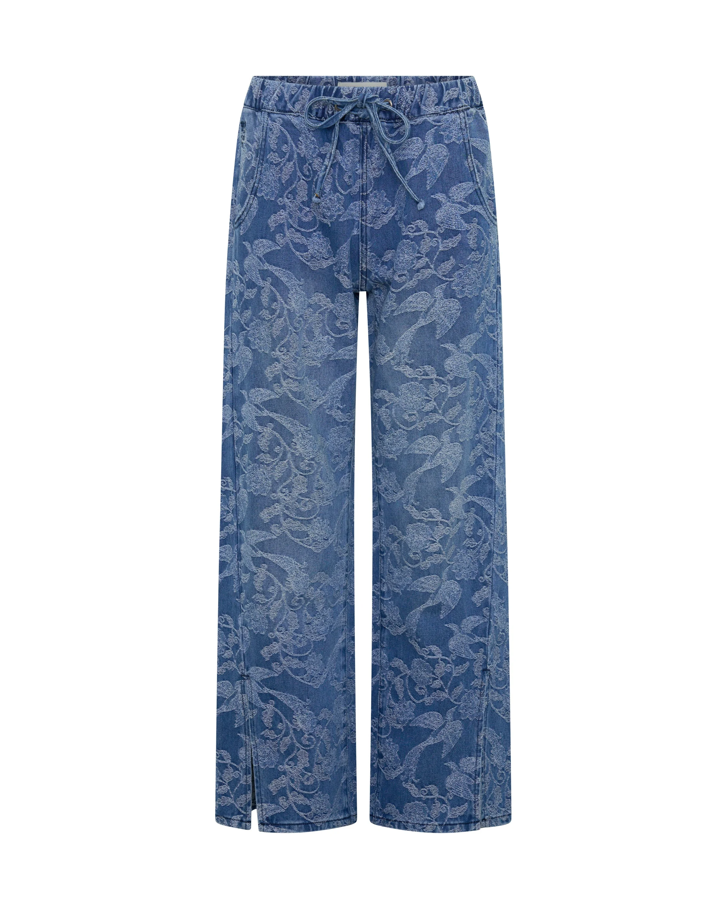 Roadhouse Mid Waist Wide Leg Drawstring Denim Jeans - Soaring Jacquard Blue - 1