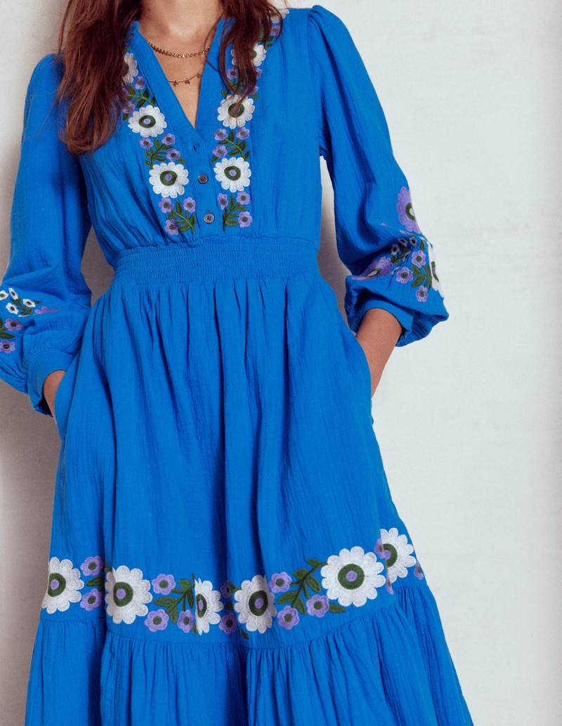 Elena Double Cloth Midi Dress-Blue Embroidery 5