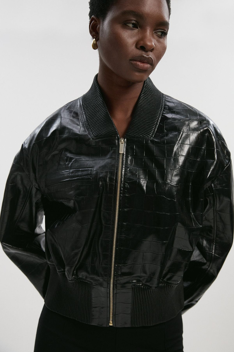 High Shine Croc Embossed Leather Bomber Jacket 1