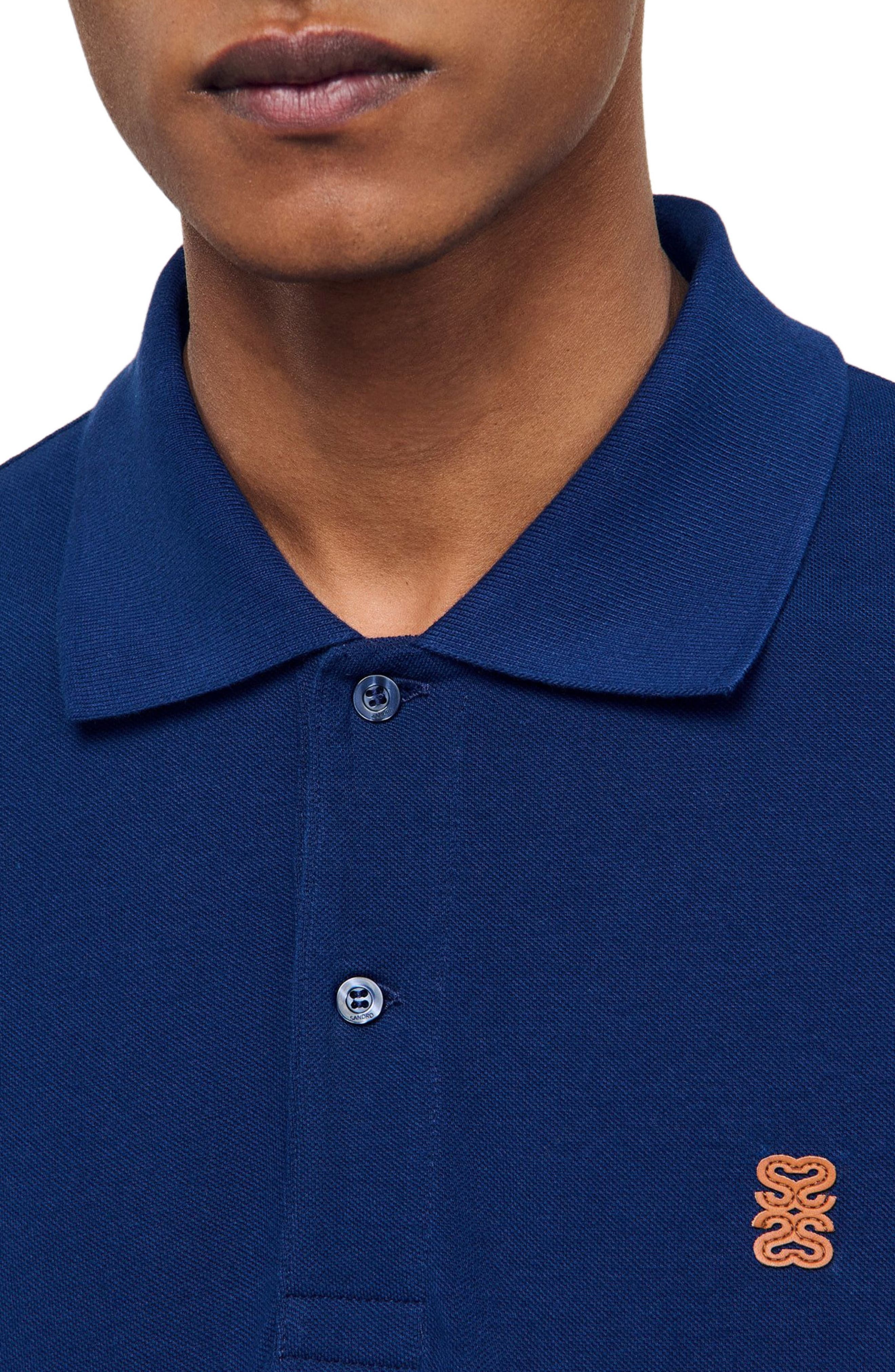 SANDRO Polo shirt with leather logo in Navy Blue at Nordstrom - 4