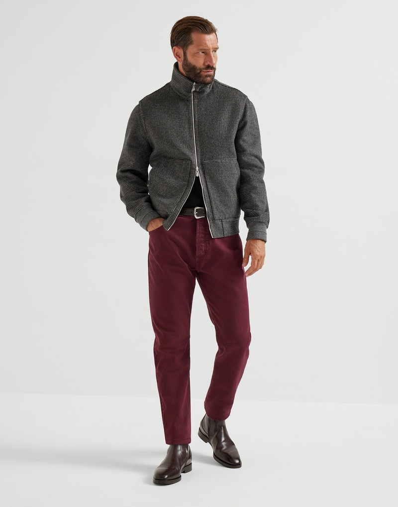 Hand-crafted reversible bomber jacket in cashmere Prince of Wales flannel double cloth with zipper 5