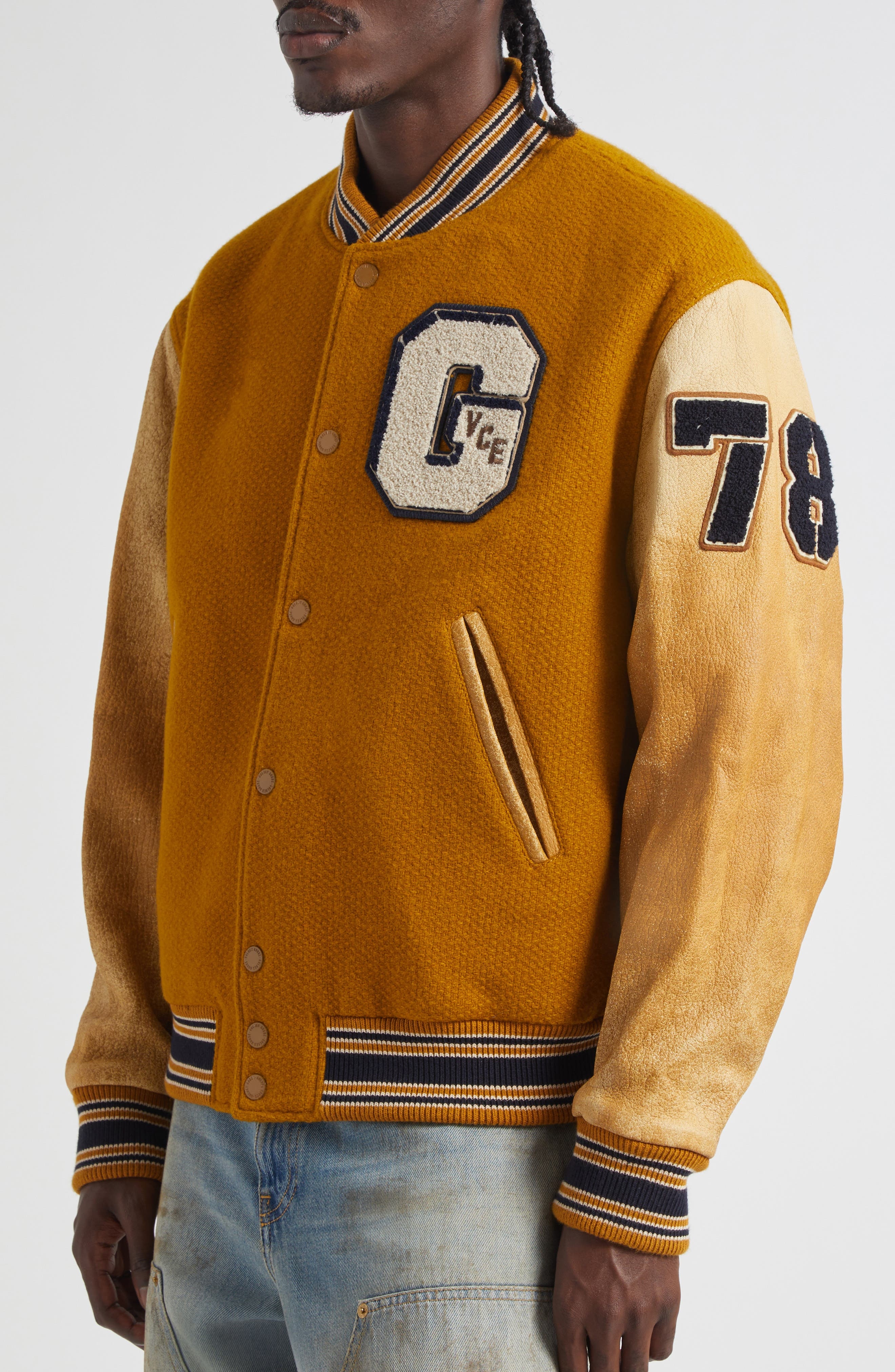 Golden Goose Journey Mixed Media Varsity Bomber Jacket in Wood Thrush at Nordstrom - 5