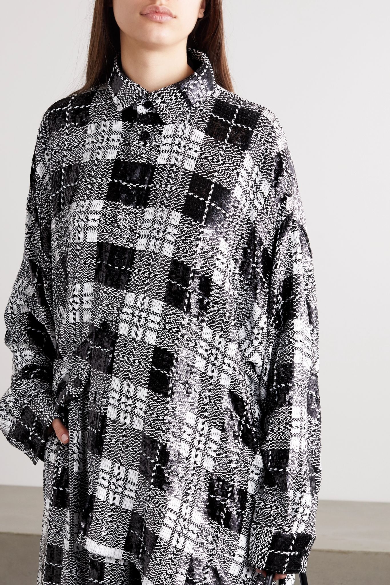 Oversized checked sequined tulle shirt - 3