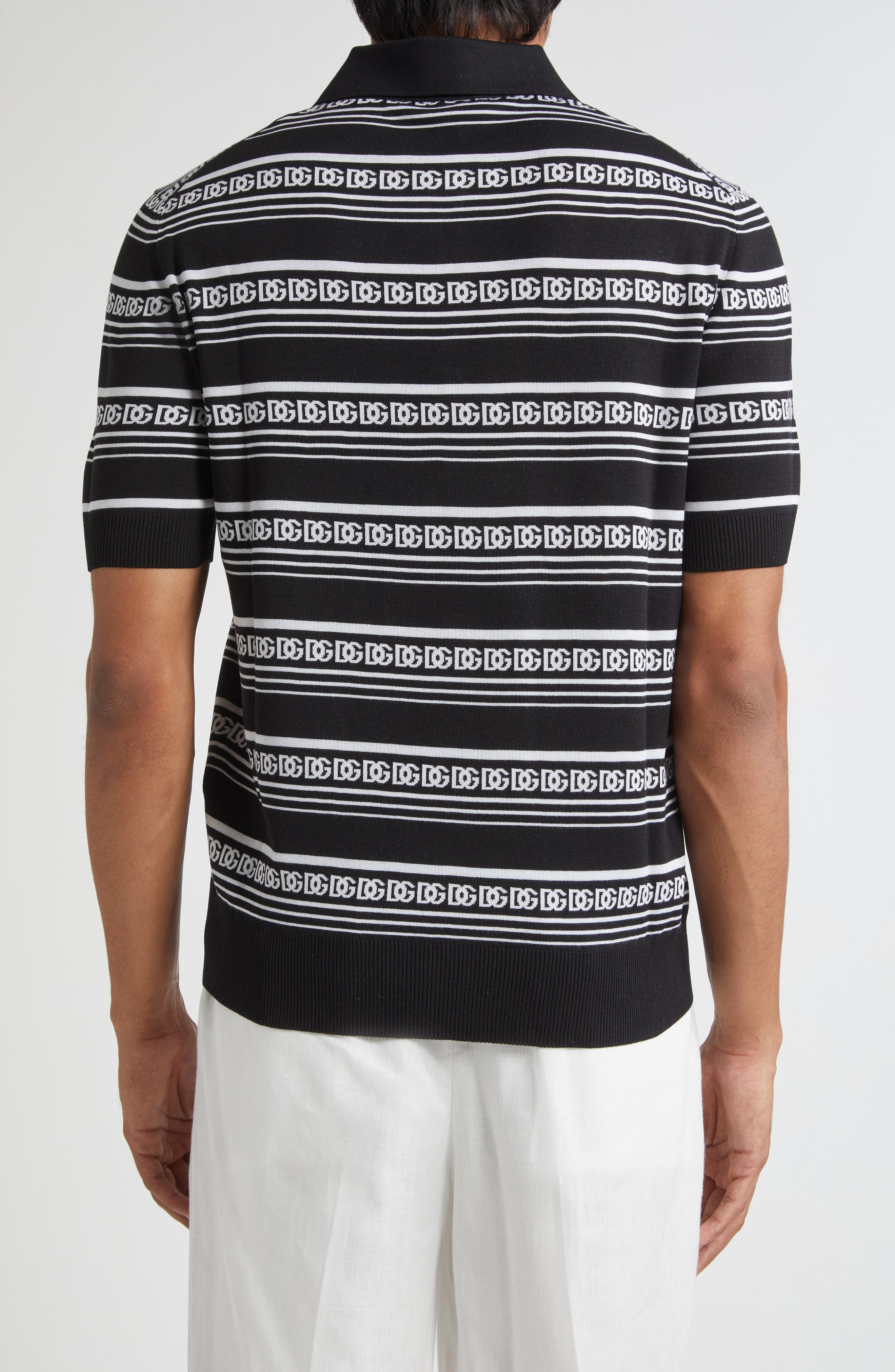 Dolce&Gabbana Logo Stripe Jacquard Silk Polo Sweater in N0004 Nero/Bianco at Nordstrom - 3