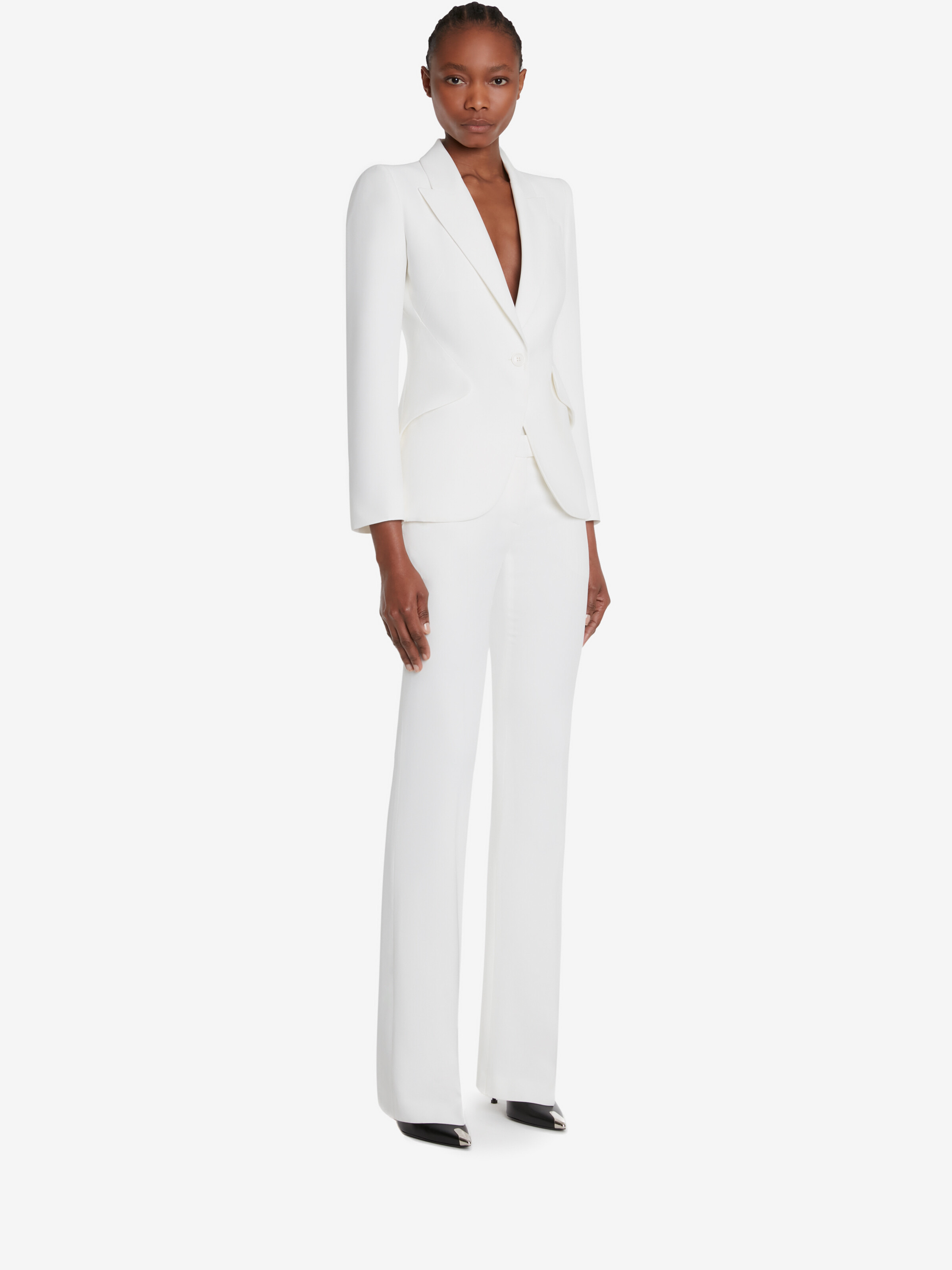 Women's Peak Shoulder Leaf Crepe Jacket in Light Ivory - 3