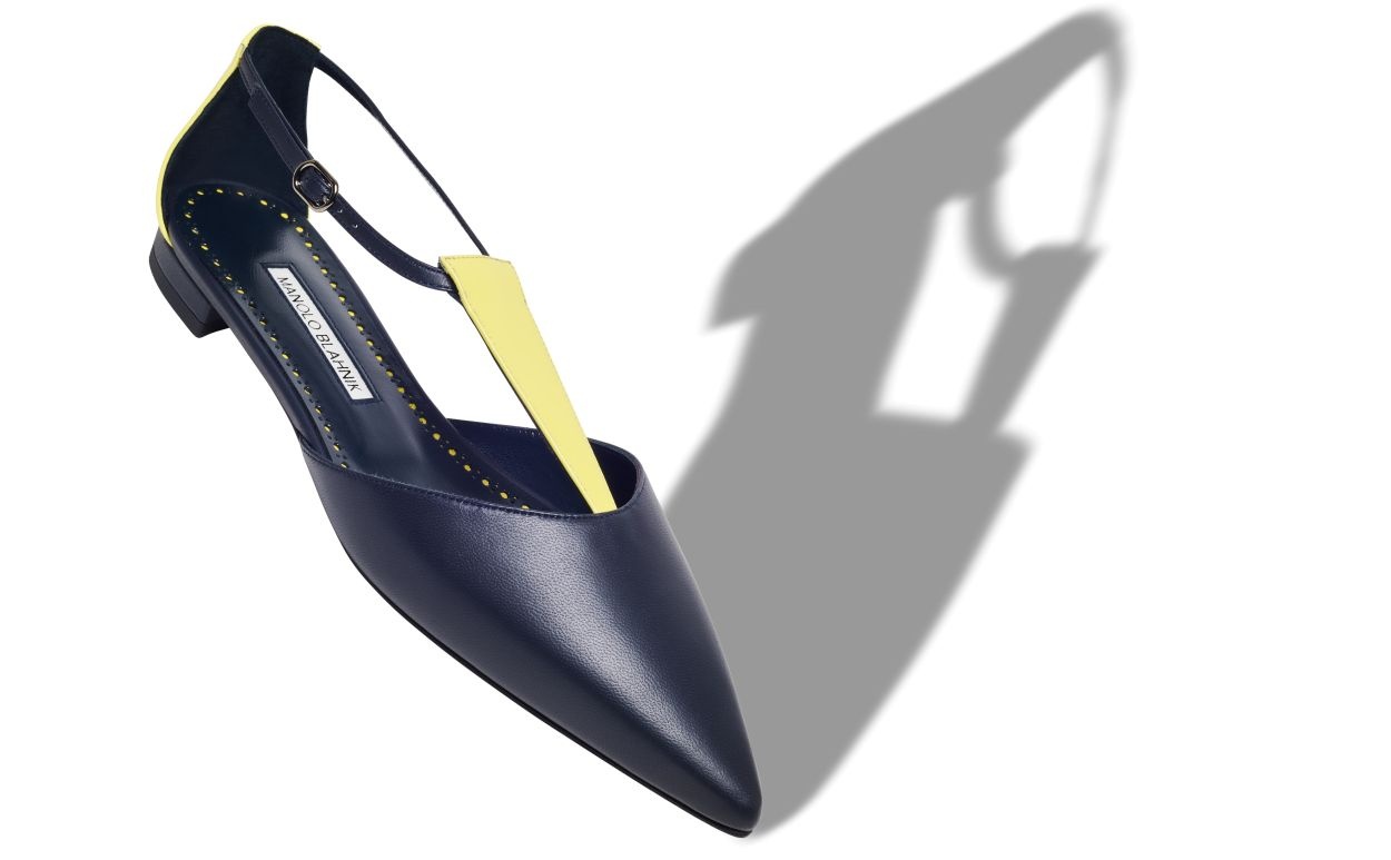 Navy Blue and Yellow Nappa Leather Flat Pumps - 2