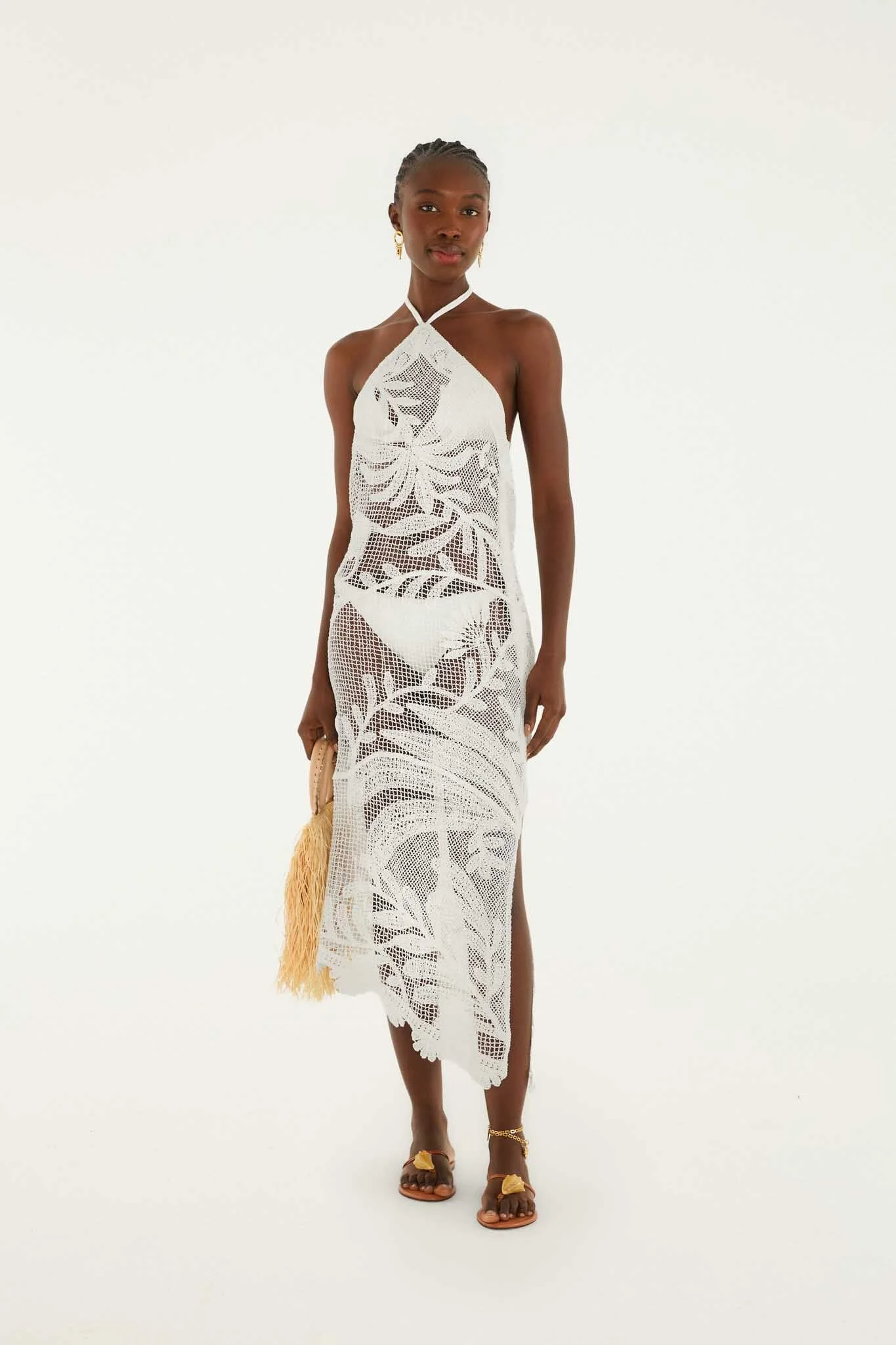 White Crochet Halter Neck Sheer Midi Dress - 1