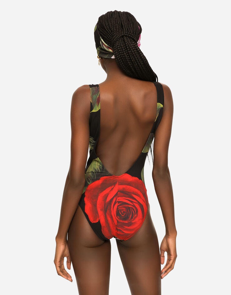 Rose-print one-piece racing swimsuit - 5