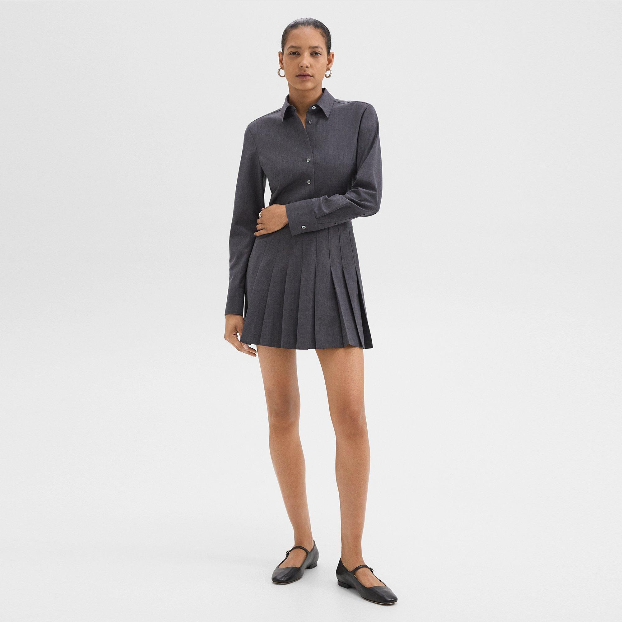 Pleated Mini Shirt Dress in Stretch Wool-Blend - 2