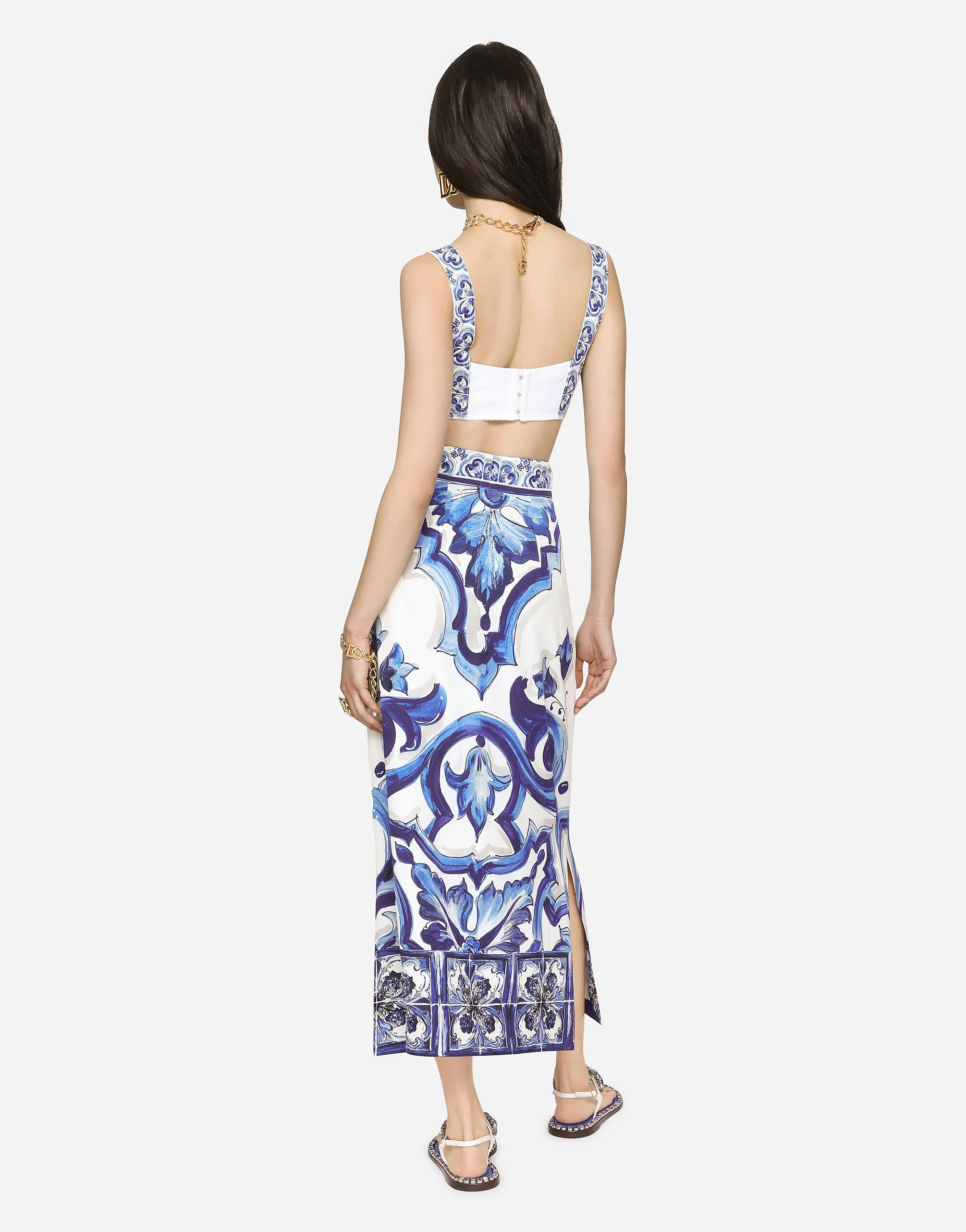 Majolica-print charmeuse calf-length skirt with slit - 3