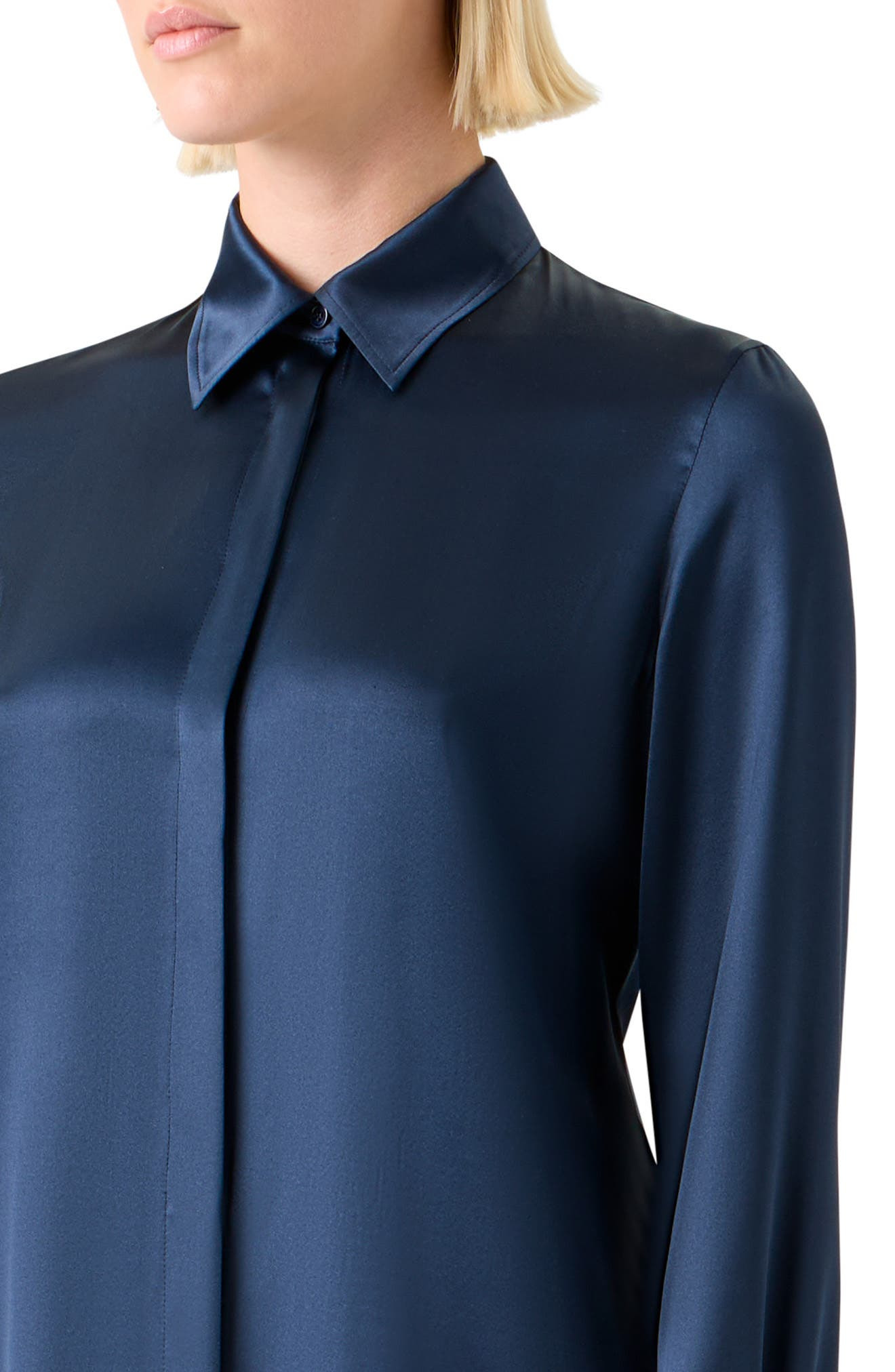 Akris Stretch Silk Satin Button-Up Shirt in Denim Blue at Nordstrom - 4