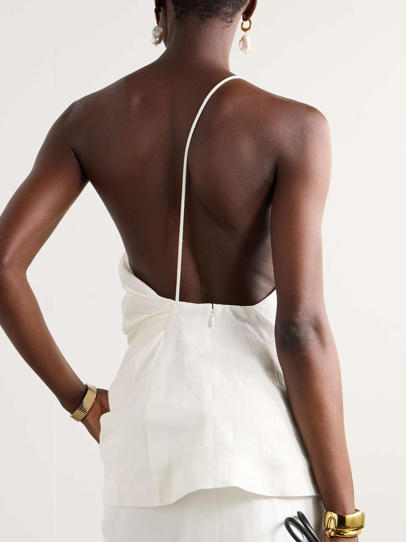 Petra one-shoulder open-back gathered linen top - 3